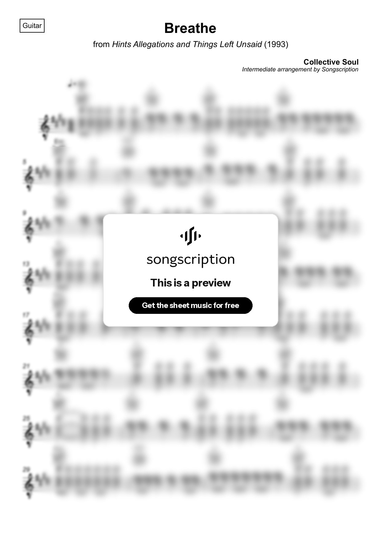 Intermediate Acoustic Guitar Sheet Music for "Breathe" by Collective Soul