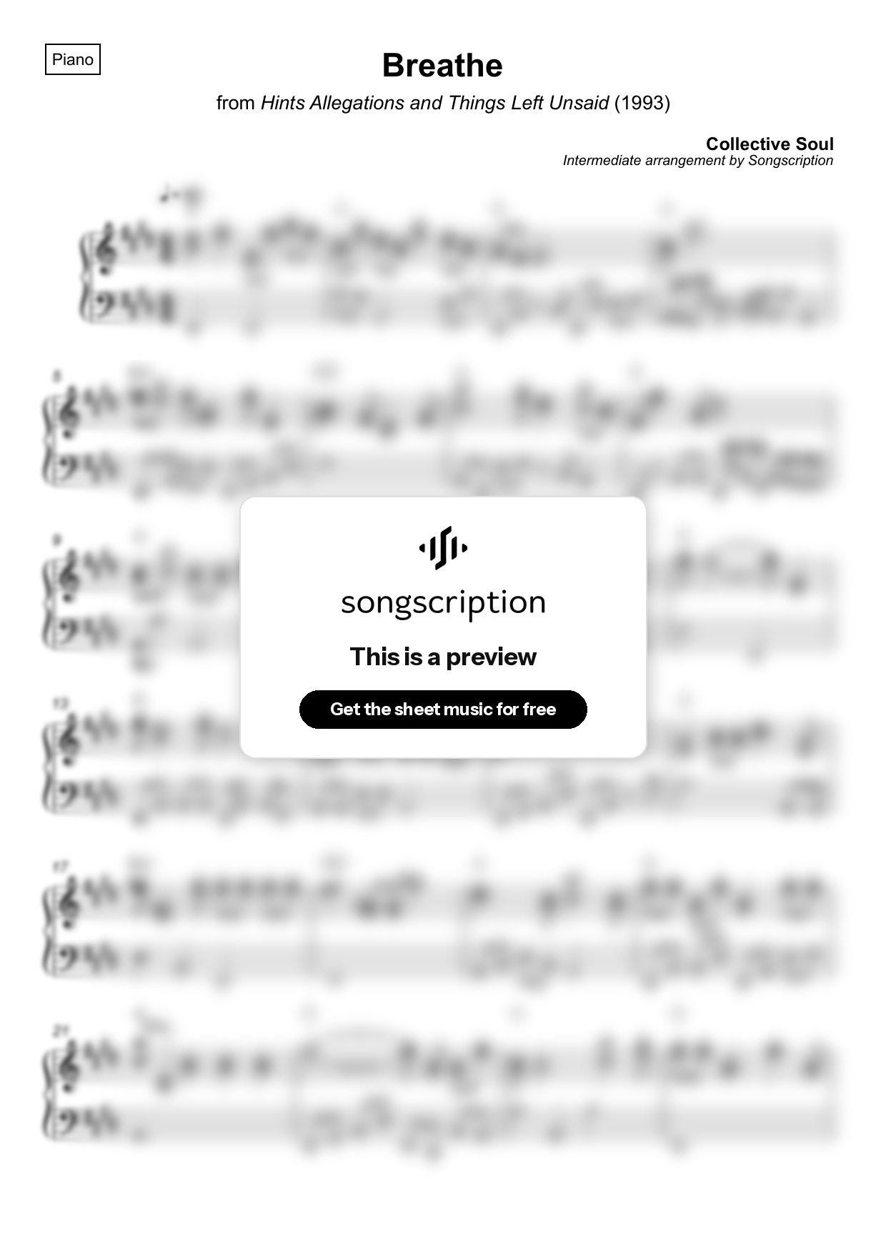 Intermediate Piano Sheet Music for "Breathe" by Collective Soul