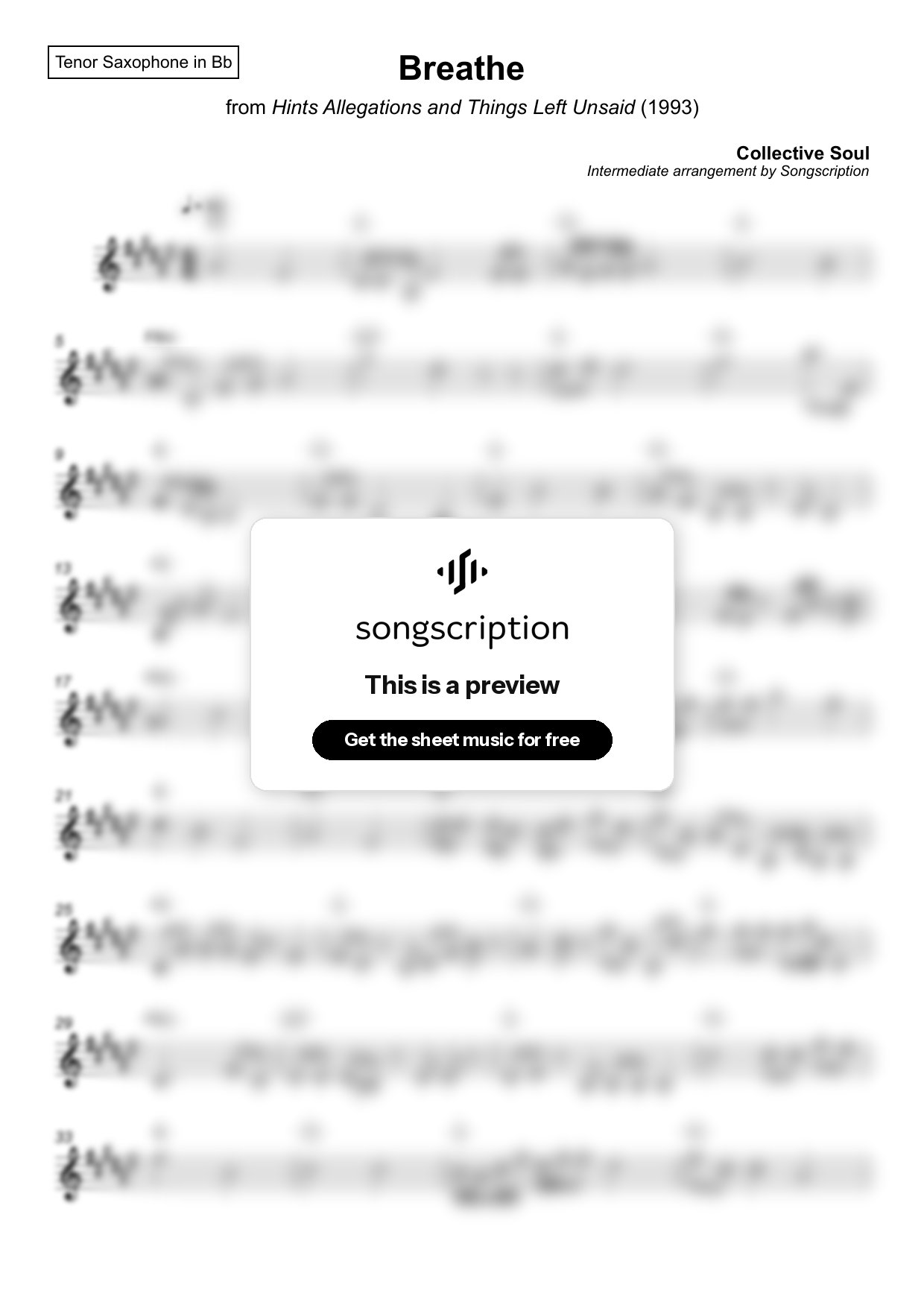 Intermediate Tenor Sax Sheet Music for "Breathe" by Collective Soul