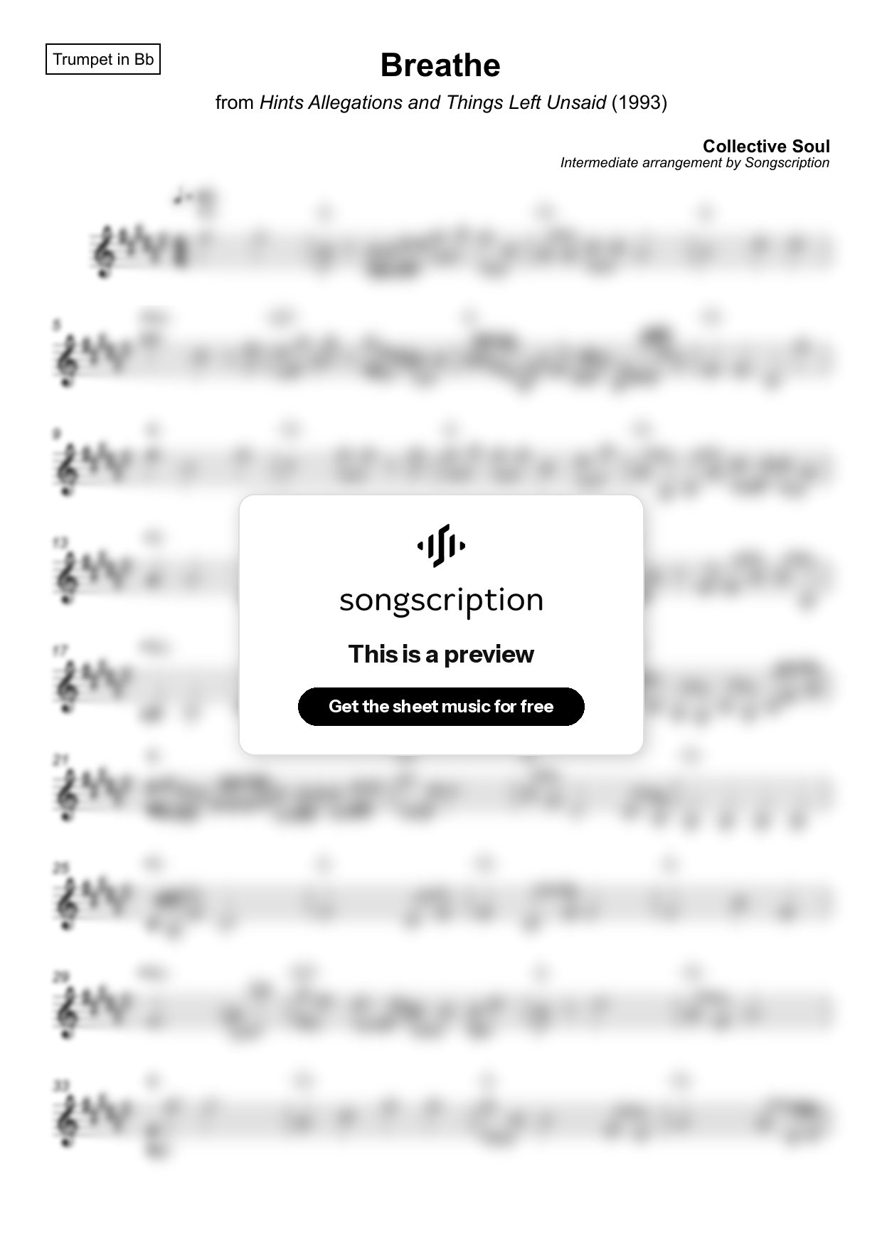 Intermediate Trumpet Sheet Music for "Breathe" by Collective Soul