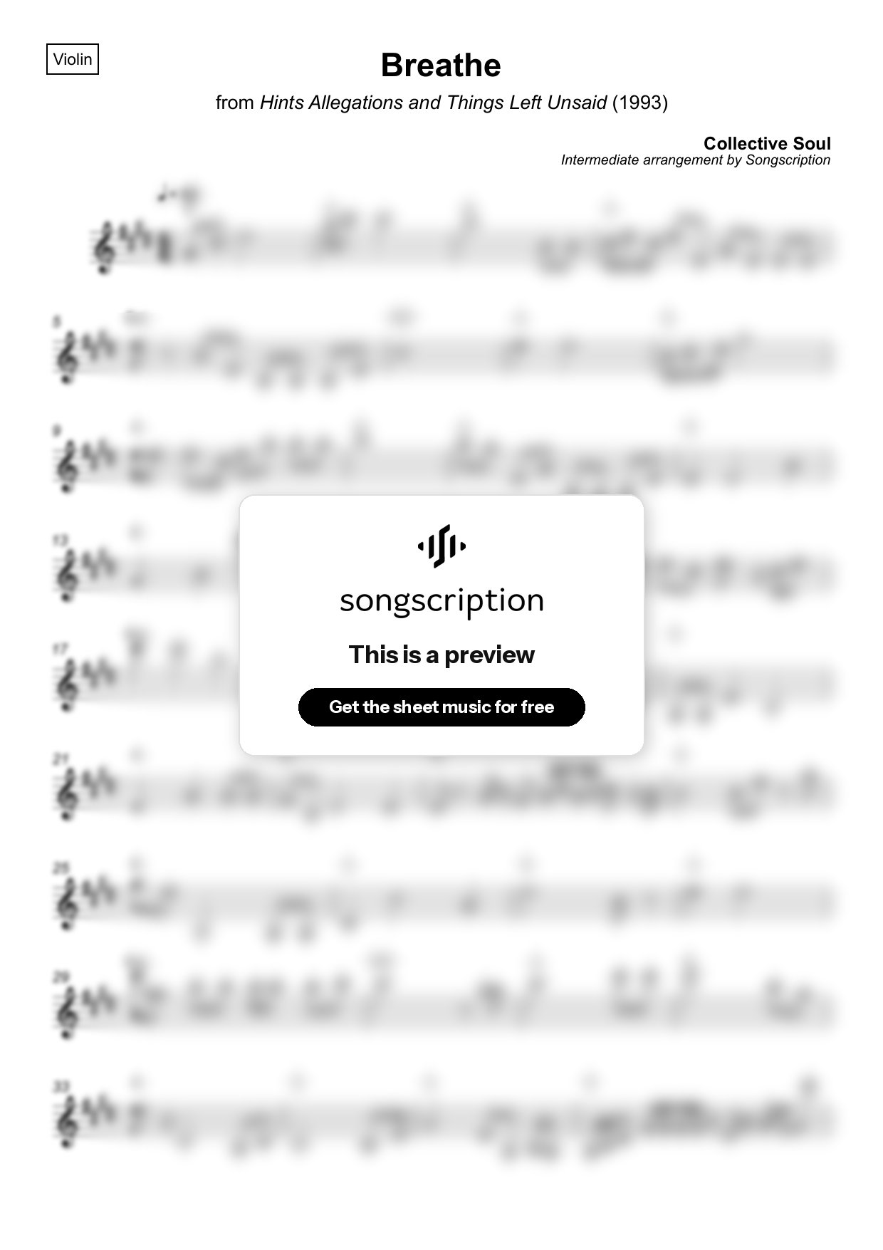 Intermediate Violin Sheet Music for "Breathe" by Collective Soul