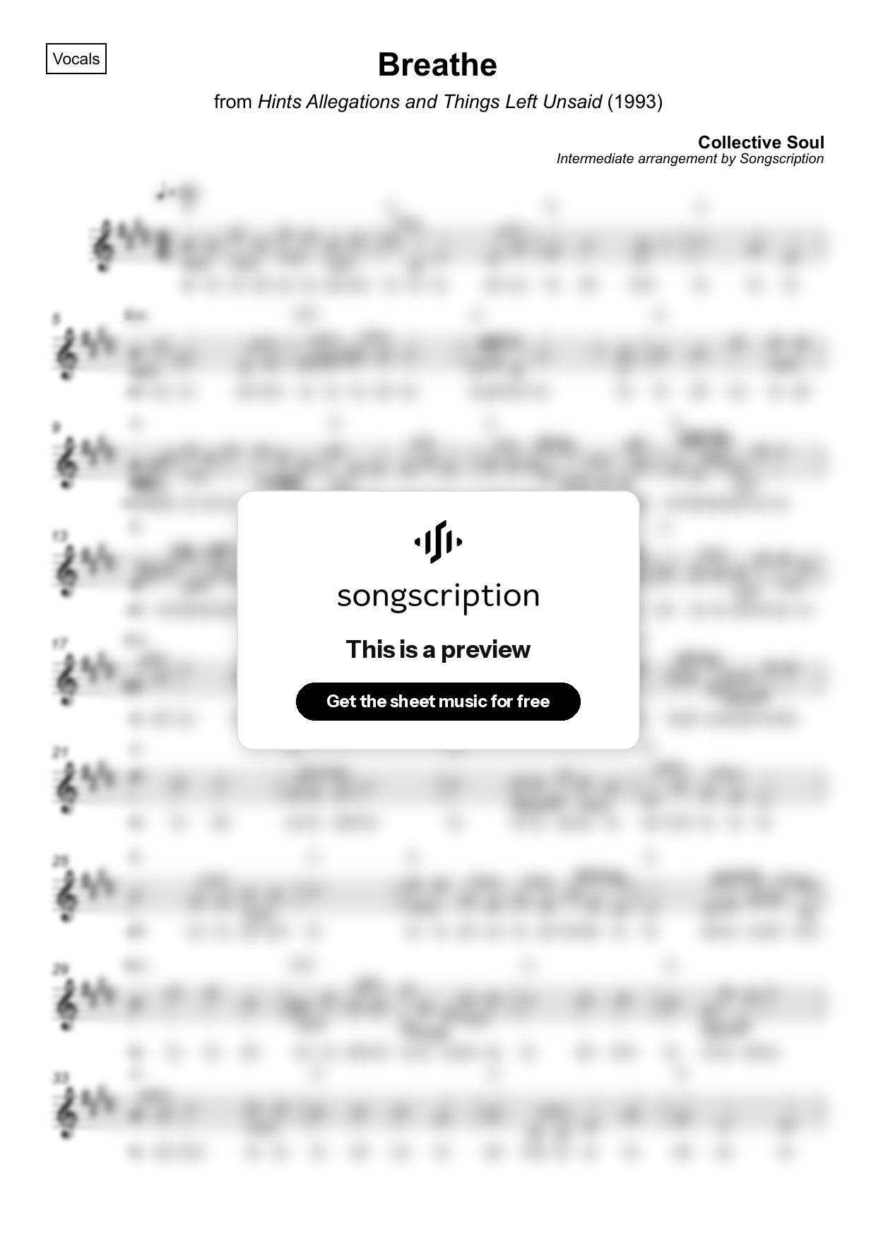 Intermediate Vocals Sheet Music for "Breathe" by Collective Soul
