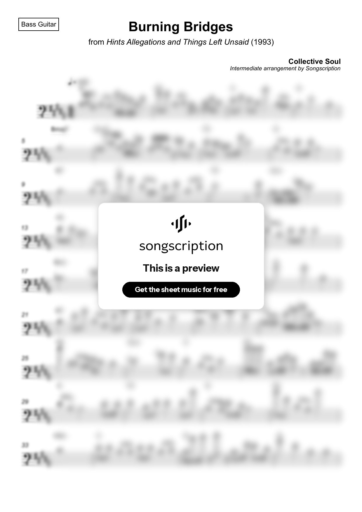 Intermediate Bass Guitar Sheet Music for "Burning Bridges" by Collective Soul