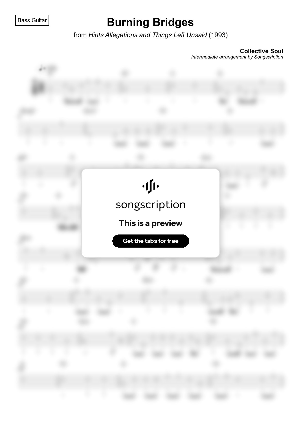 Intermediate Bass Guitar Tabs for "Burning Bridges" by Collective Soul