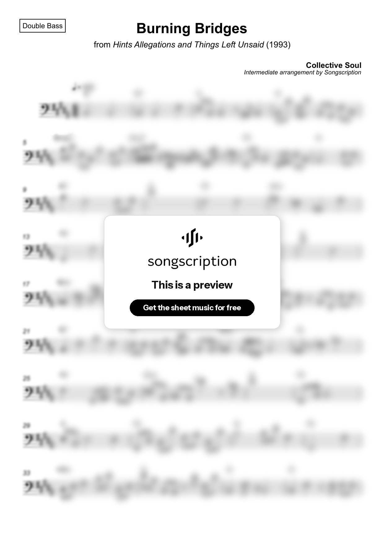 Intermediate Double Bass Sheet Music for "Burning Bridges" by Collective Soul