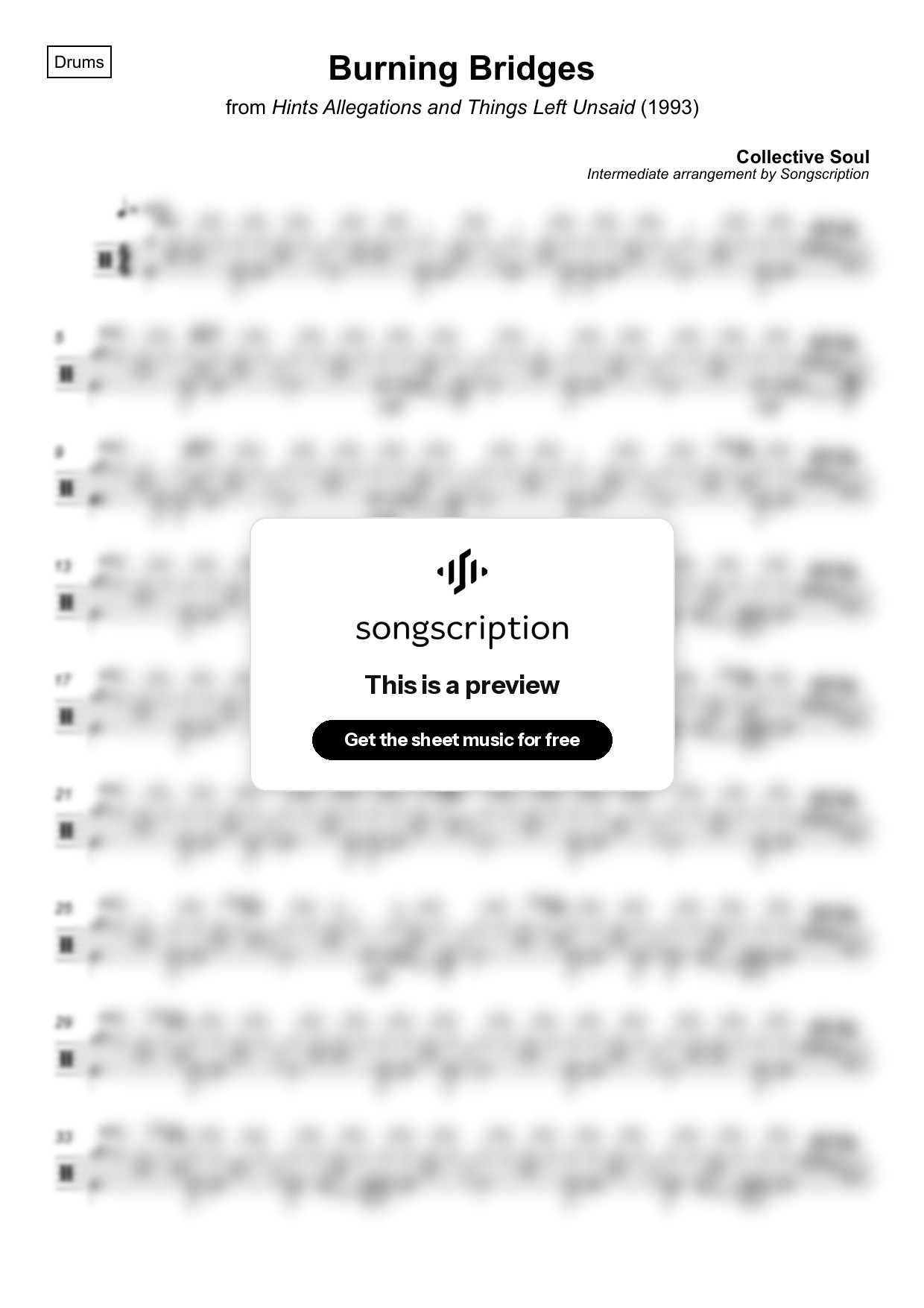 Intermediate Drums Sheet Music for "Burning Bridges" by Collective Soul