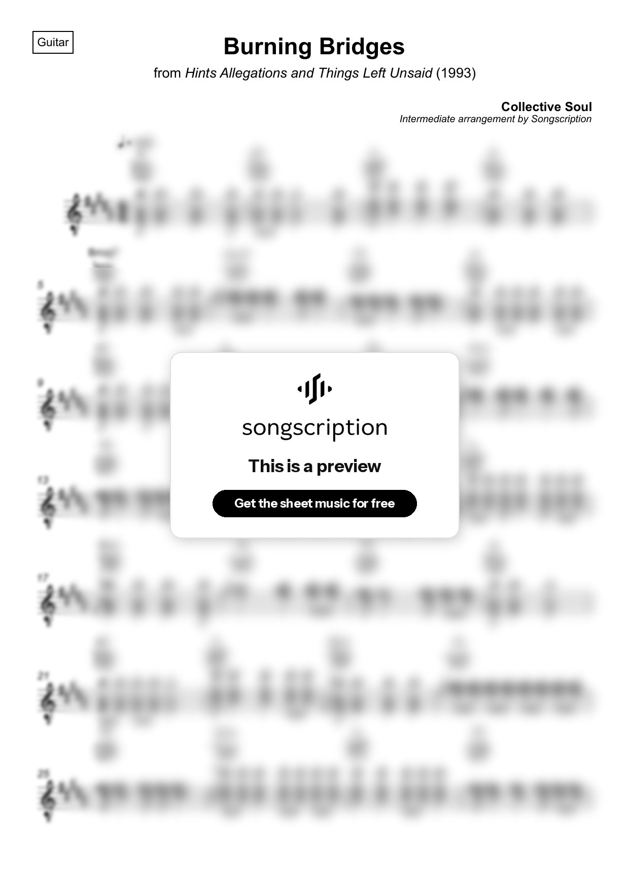 Intermediate Acoustic Guitar Sheet Music for "Burning Bridges" by Collective Soul