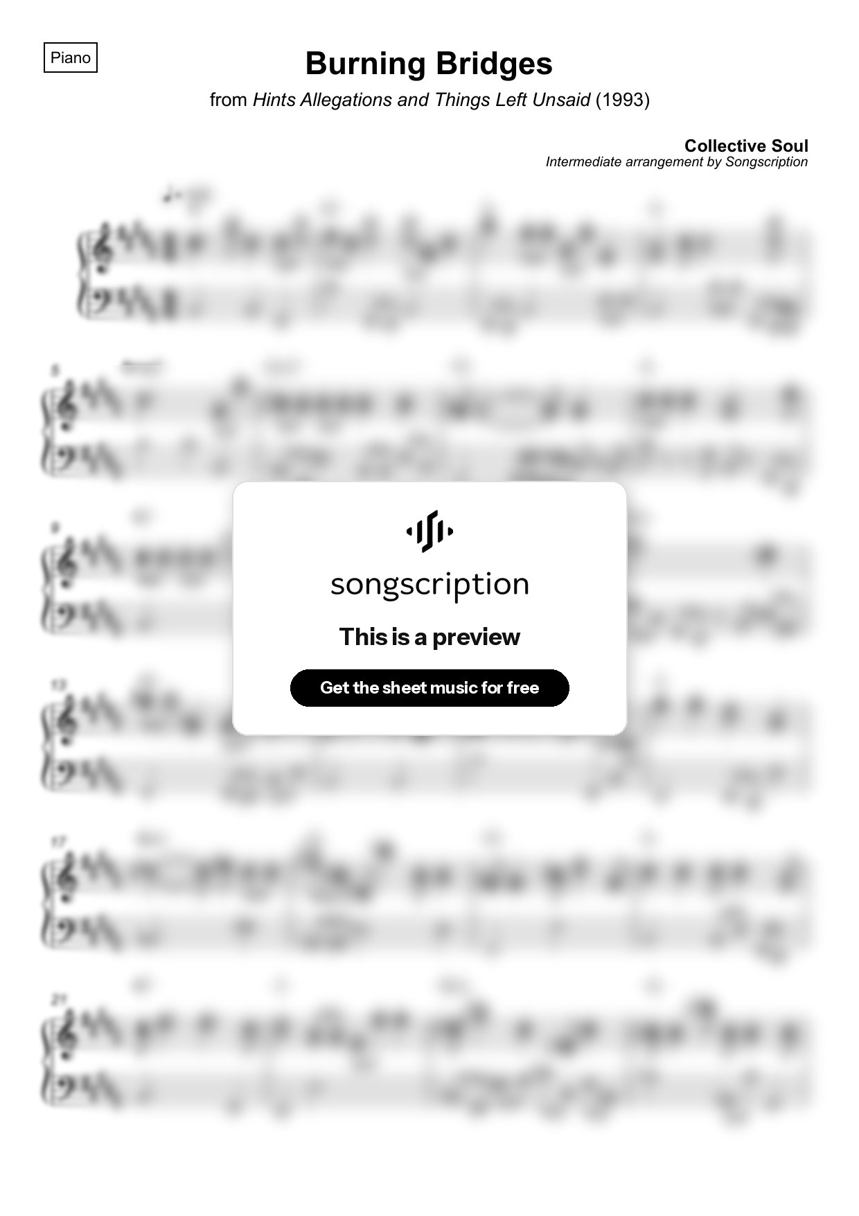 Intermediate Piano Sheet Music for "Burning Bridges" by Collective Soul