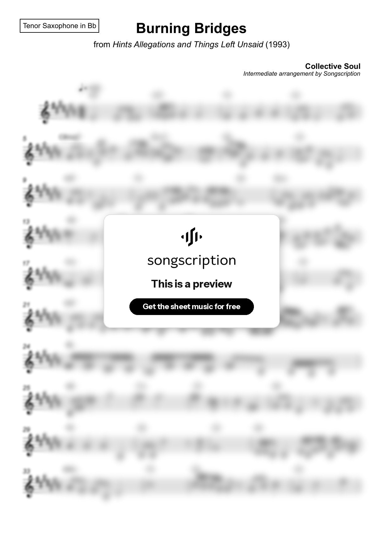 Intermediate Tenor Sax Sheet Music for "Burning Bridges" by Collective Soul