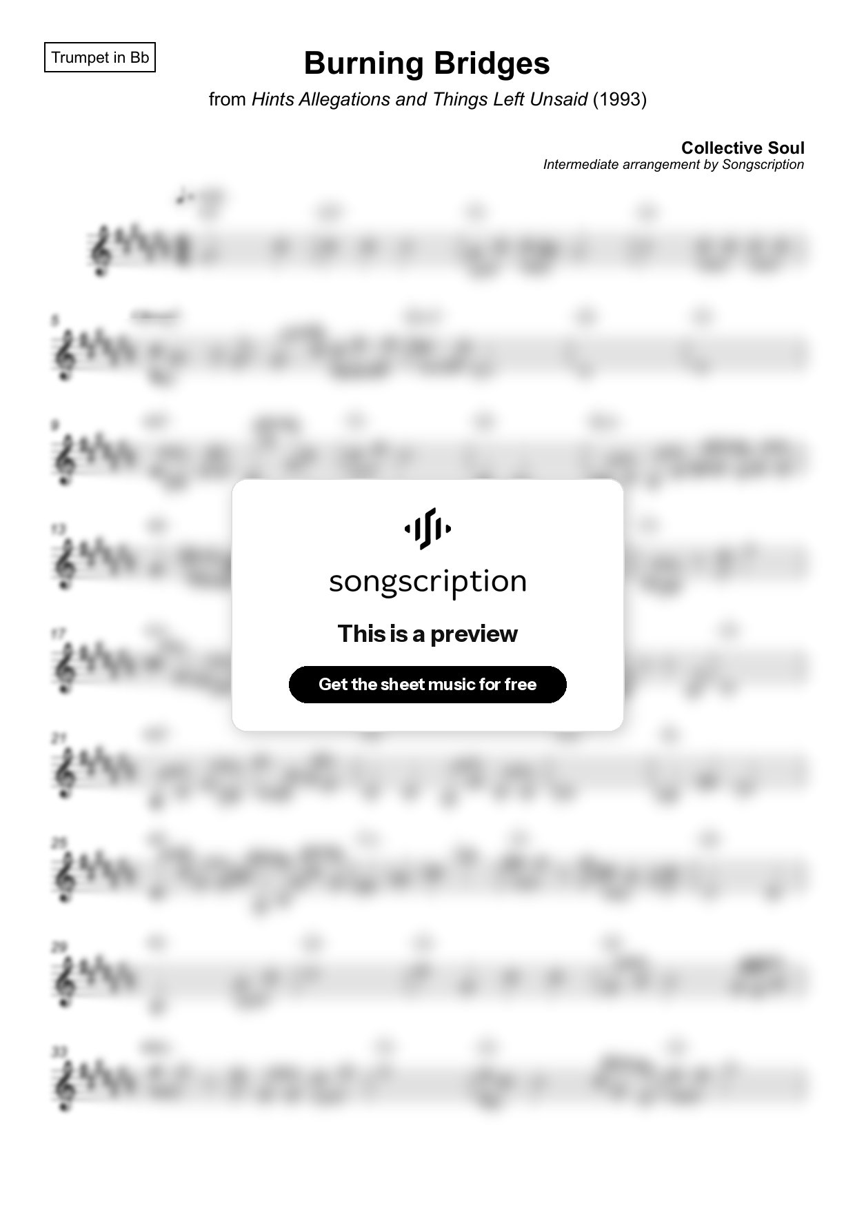 Intermediate Trumpet Sheet Music for "Burning Bridges" by Collective Soul