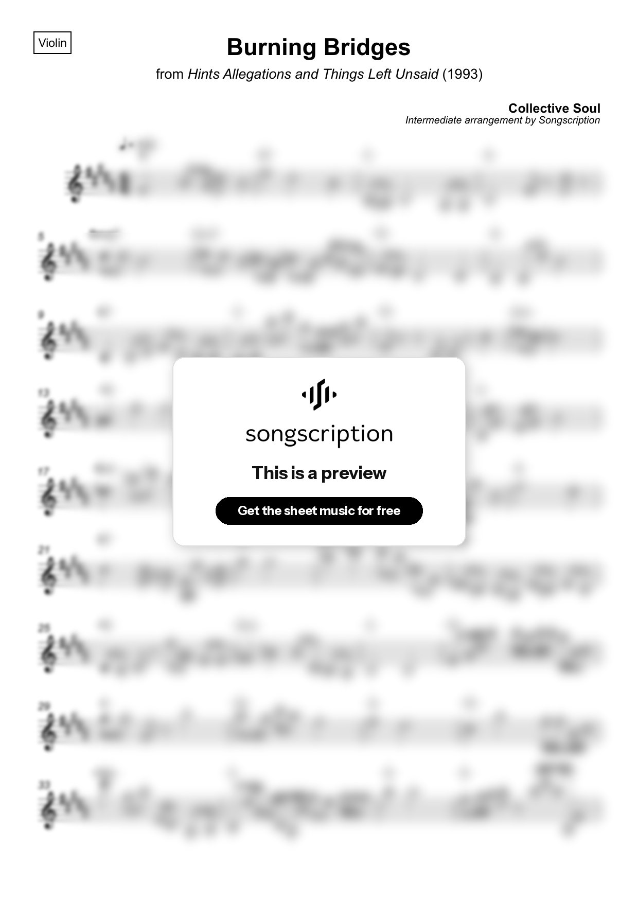 Intermediate Violin Sheet Music for "Burning Bridges" by Collective Soul