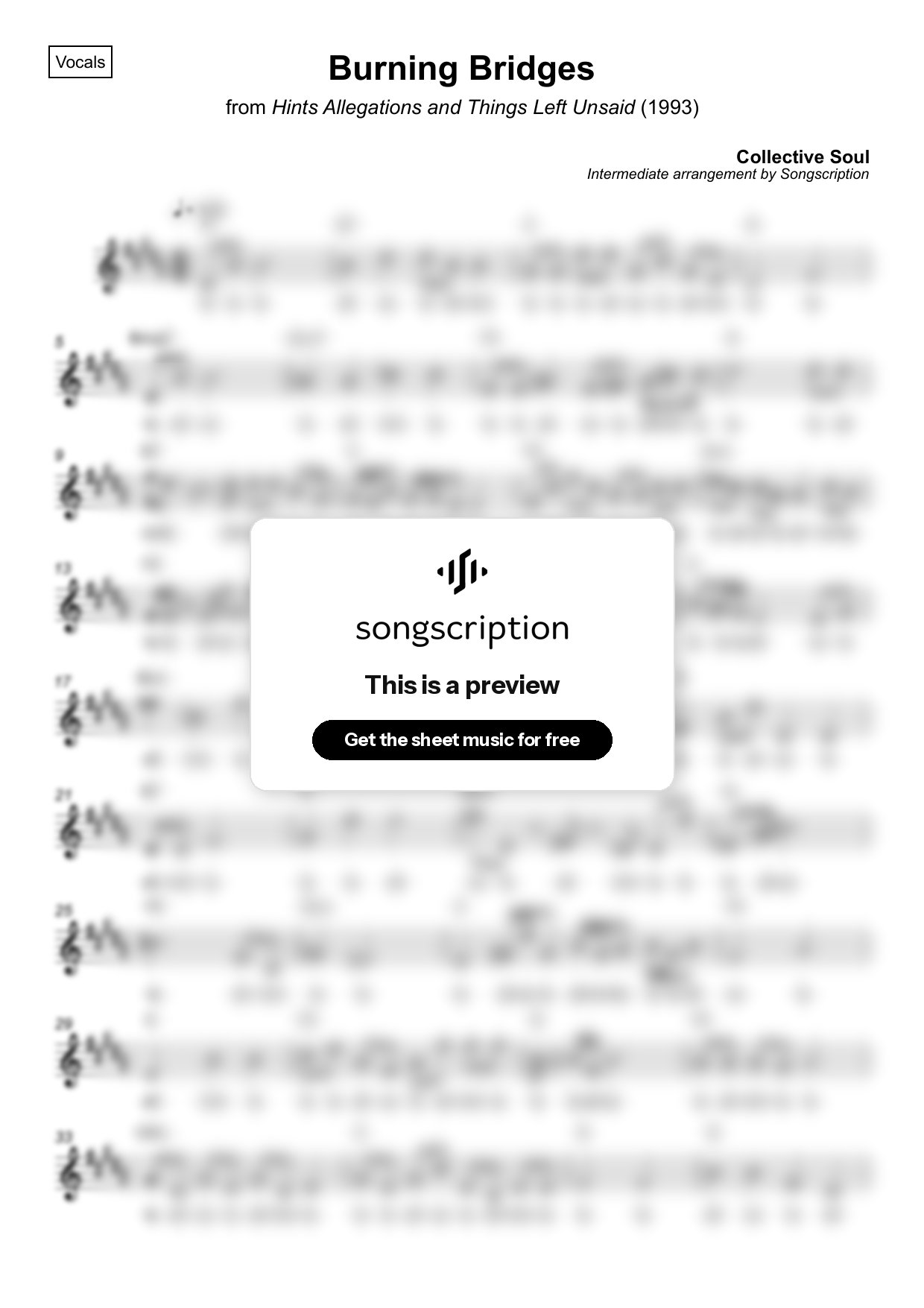 Intermediate Vocals Sheet Music for "Burning Bridges" by Collective Soul