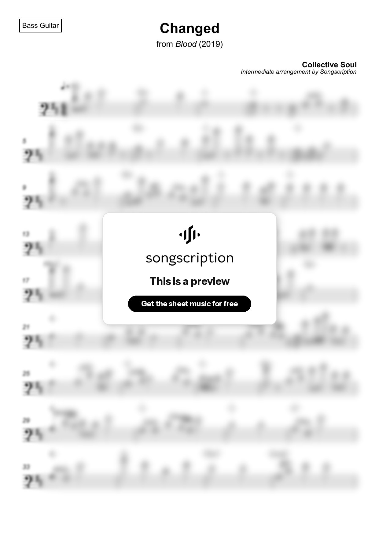 Intermediate Bass Guitar Sheet Music for "Changed" by Collective Soul