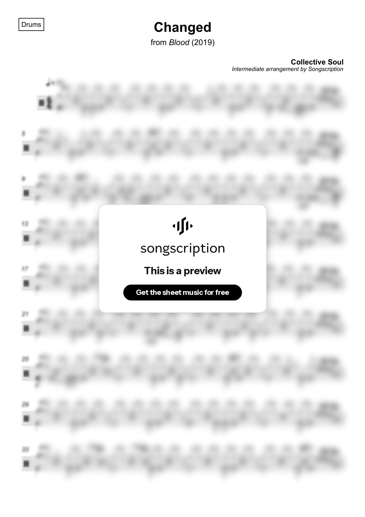 Intermediate Drums Sheet Music for "Changed" by Collective Soul