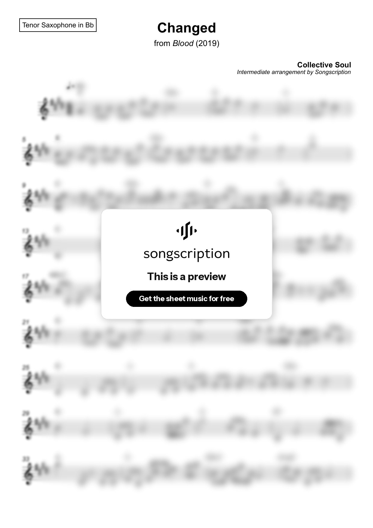 Intermediate Tenor Sax Sheet Music for "Changed" by Collective Soul