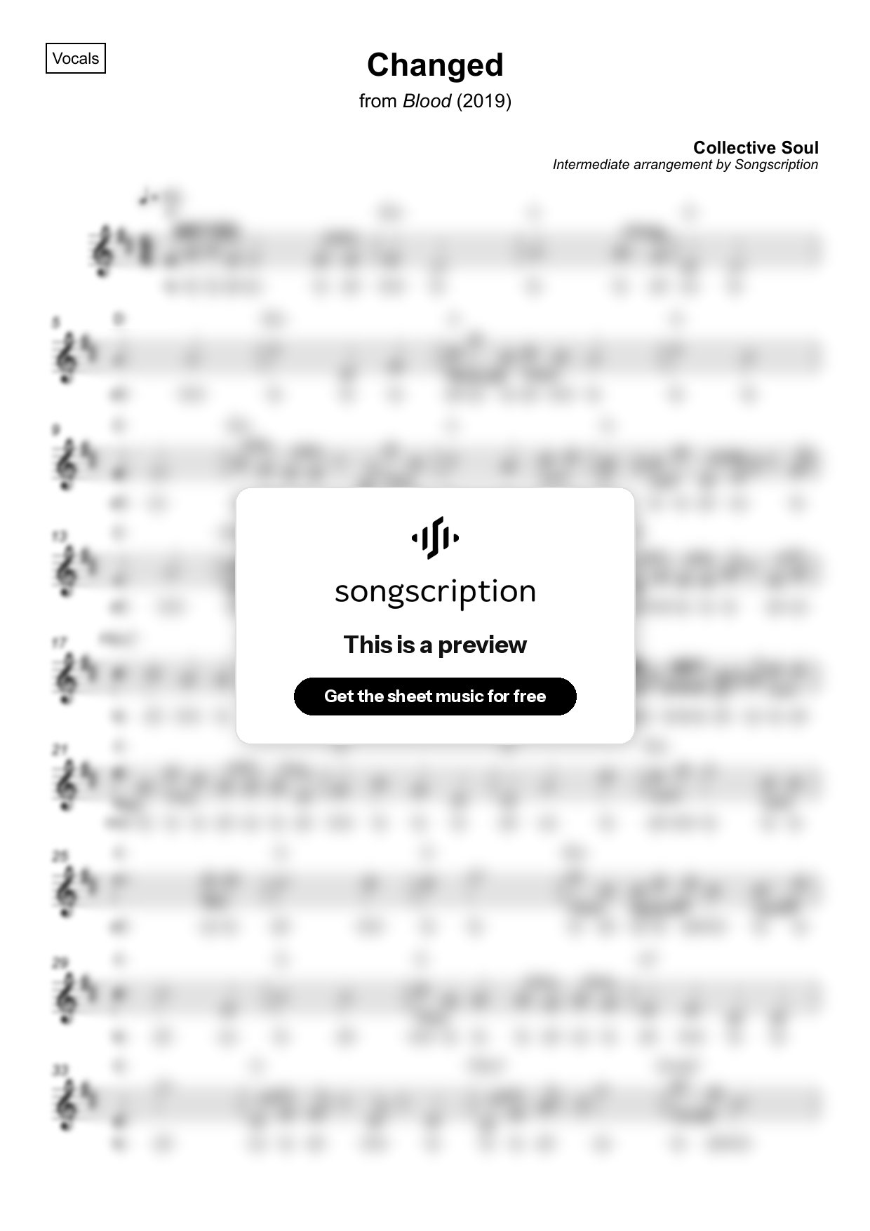 Intermediate Vocals Sheet Music for "Changed" by Collective Soul