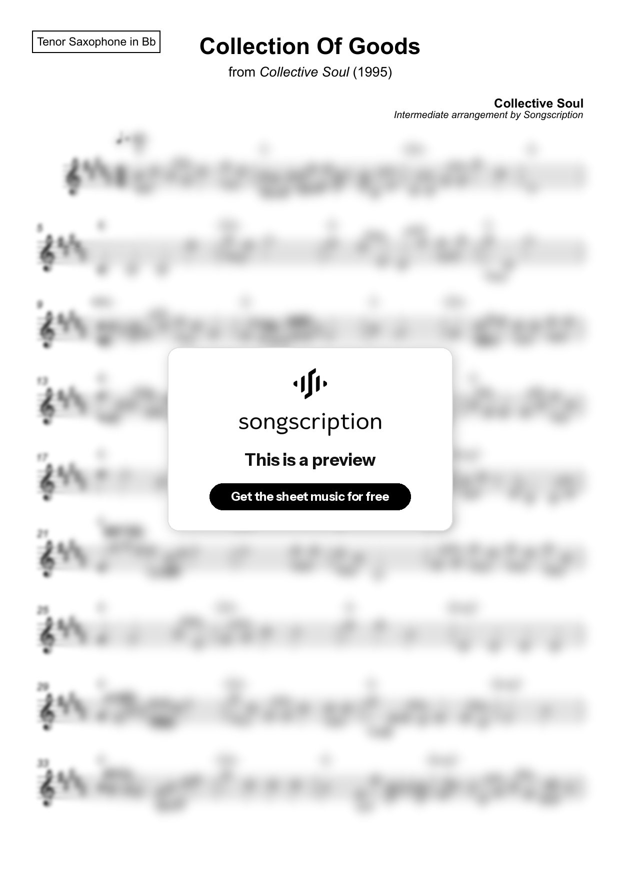 Intermediate Tenor Sax Sheet Music for "Collection Of Goods" by Collective Soul