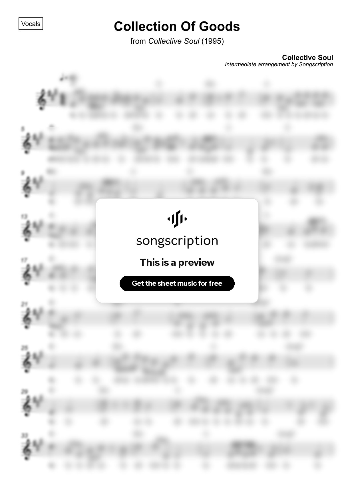 Intermediate Vocals Sheet Music for "Collection Of Goods" by Collective Soul