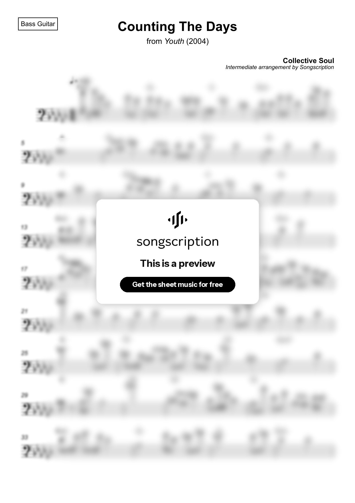 Intermediate Bass Guitar Sheet Music for "Counting The Days" by Collective Soul