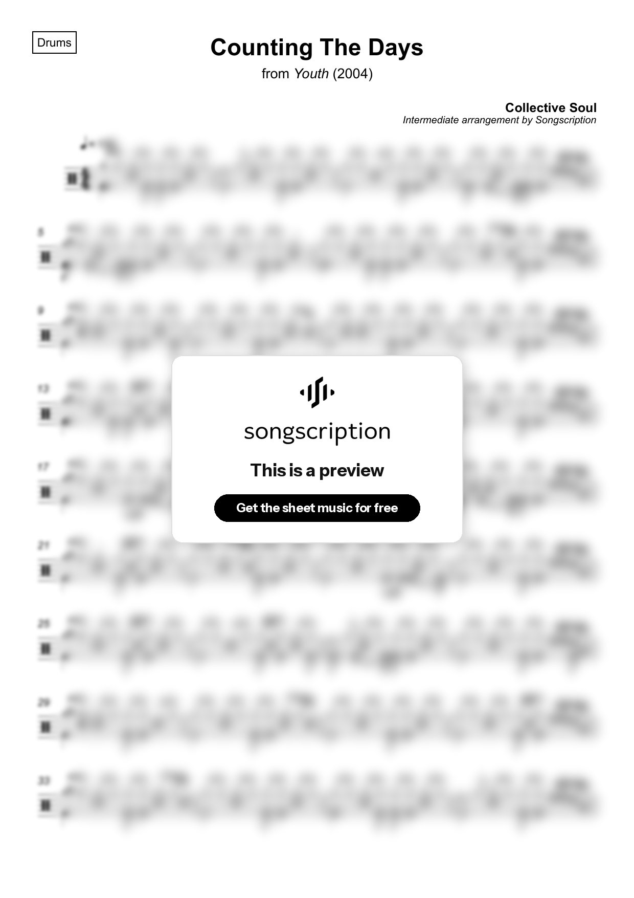 Intermediate Drums Sheet Music for "Counting The Days" by Collective Soul