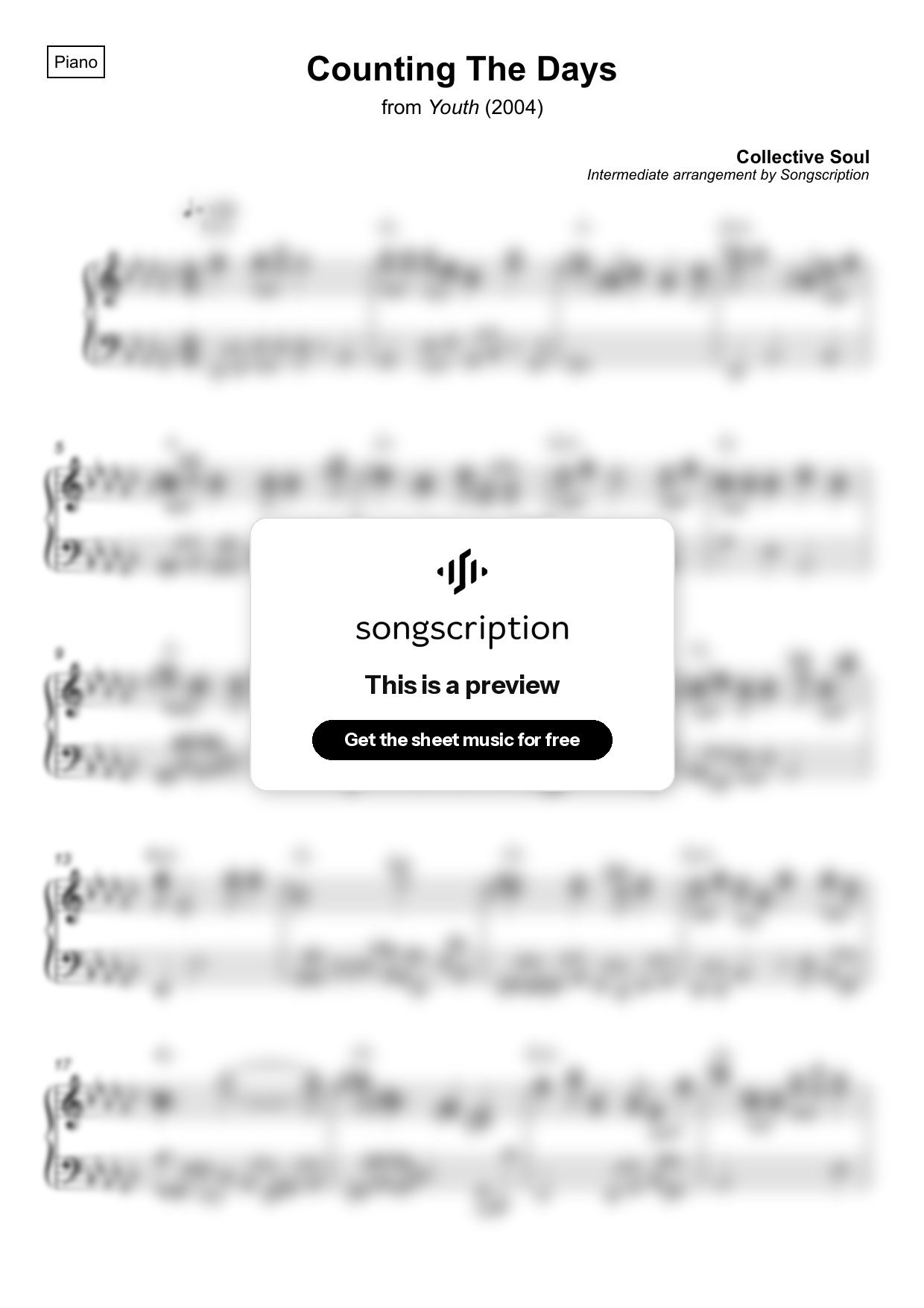 Intermediate Piano Sheet Music for "Counting The Days" by Collective Soul