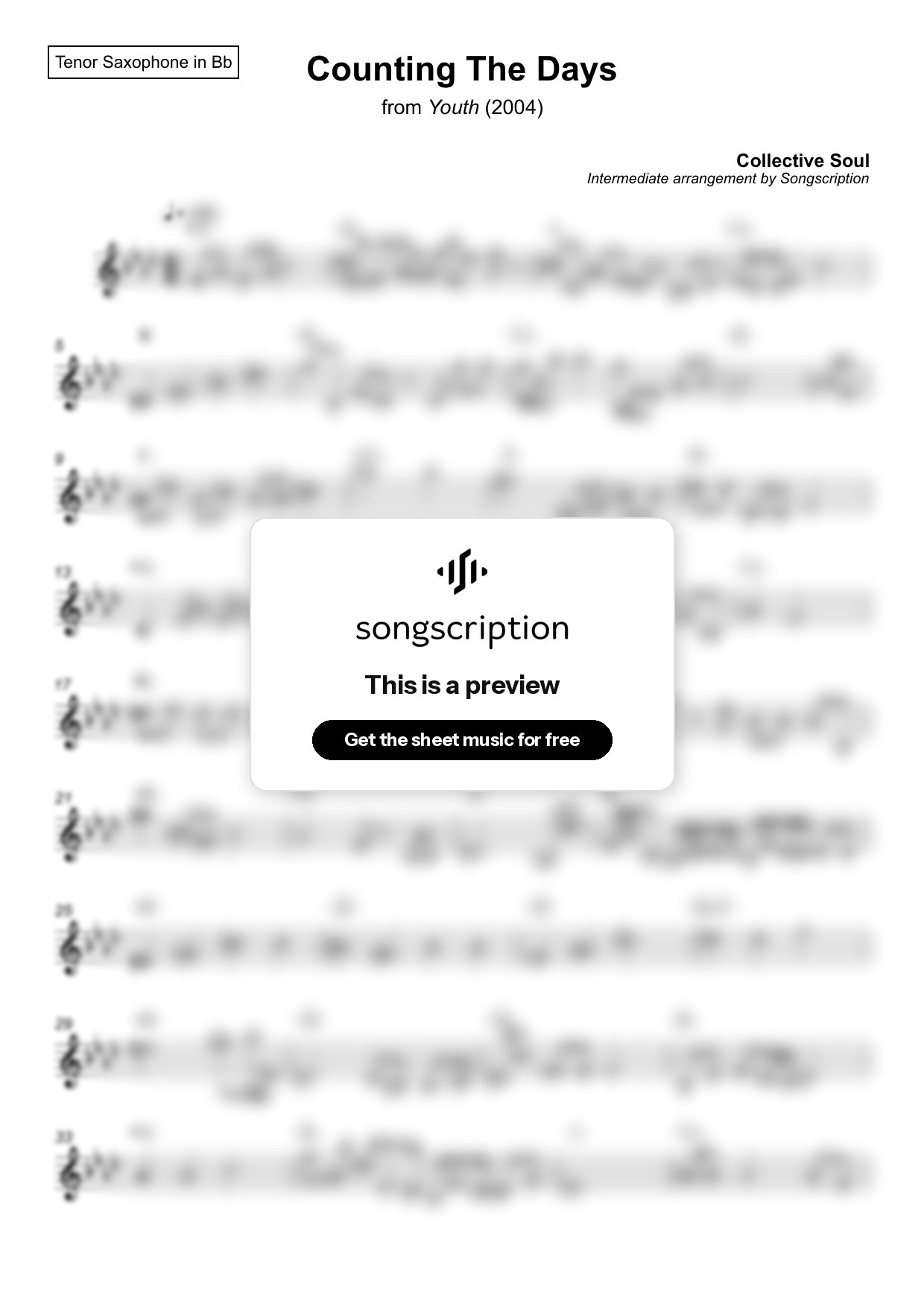 Intermediate Tenor Sax Sheet Music for "Counting The Days" by Collective Soul