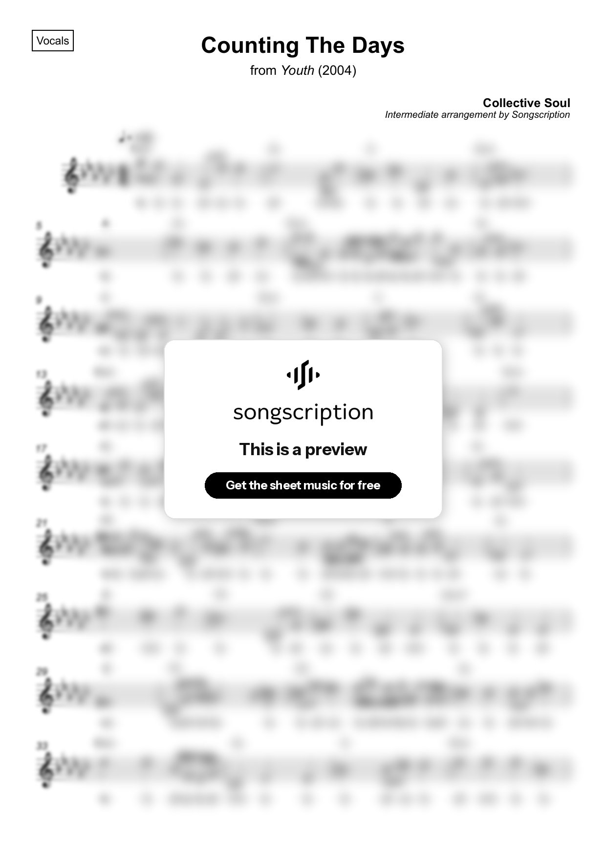 Intermediate Vocals Sheet Music for "Counting The Days" by Collective Soul
