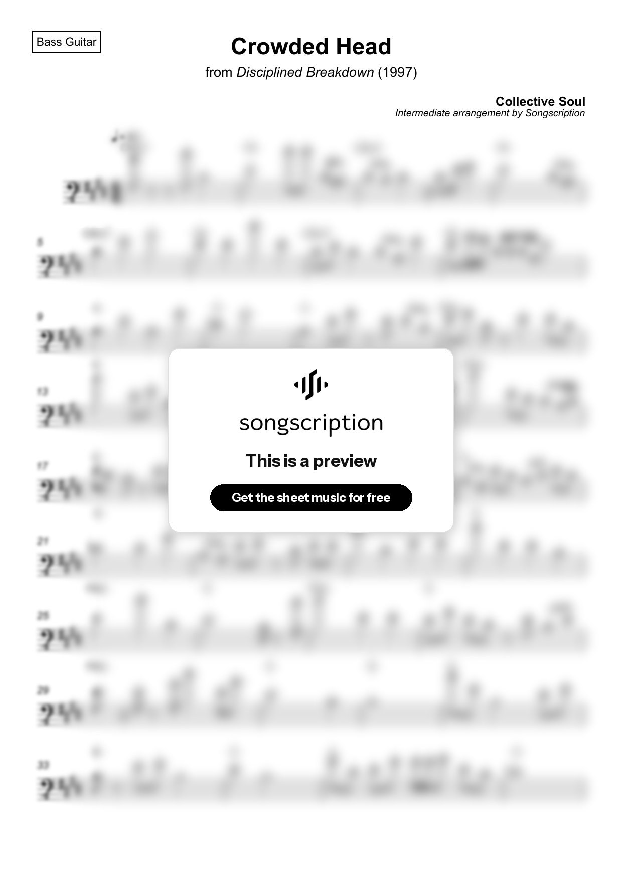 Intermediate Bass Guitar Sheet Music for "Crowded Head" by Collective Soul