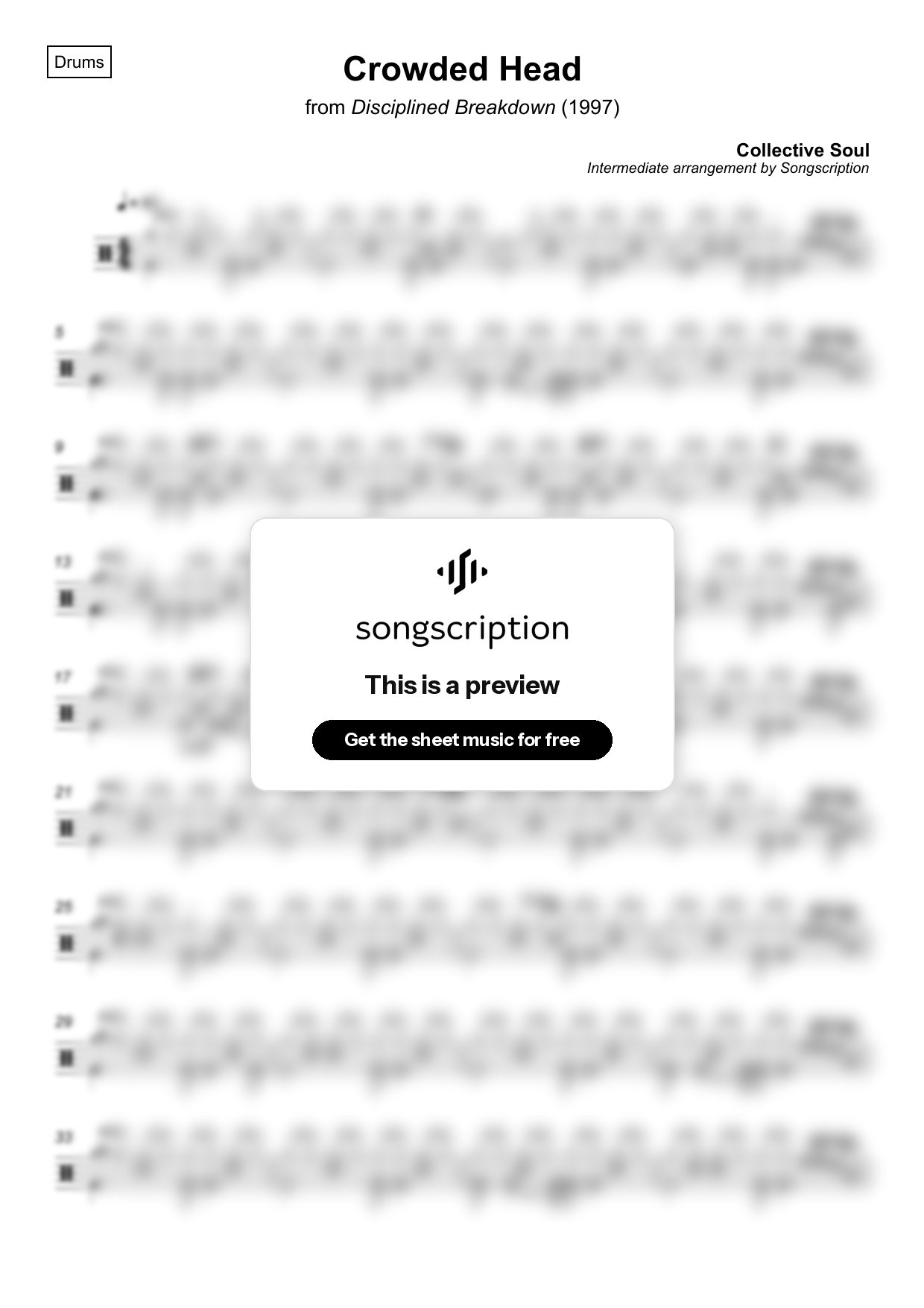 Intermediate Drums Sheet Music for "Crowded Head" by Collective Soul