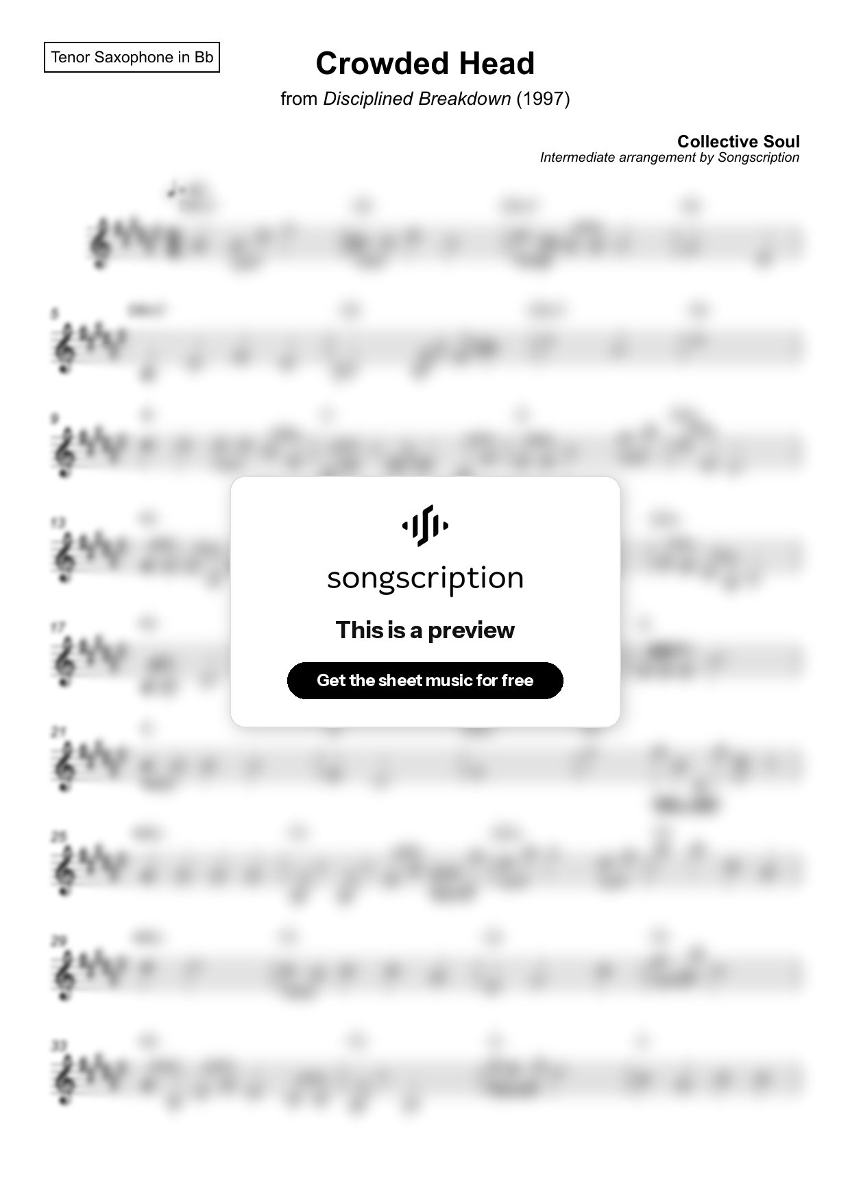 Intermediate Tenor Sax Sheet Music for "Crowded Head" by Collective Soul