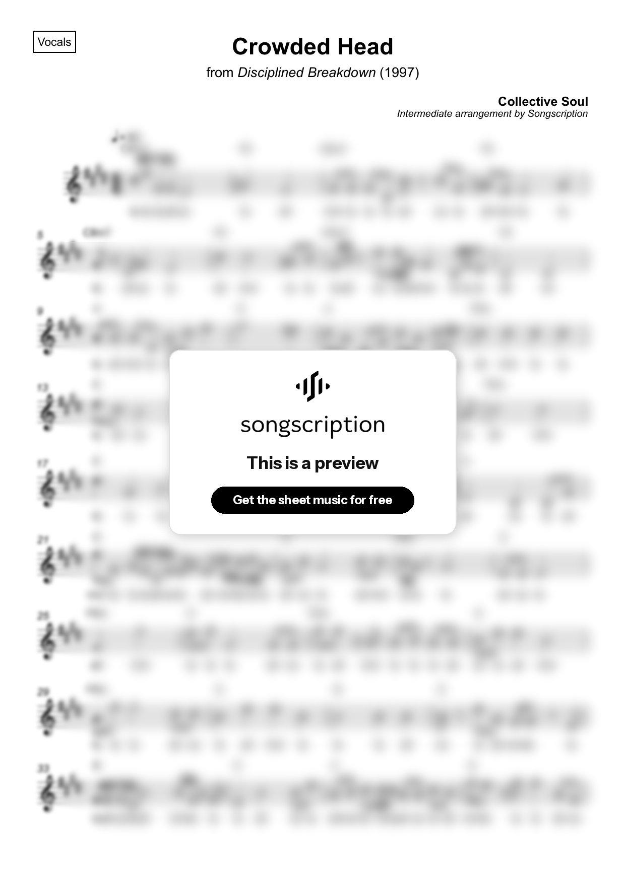 Intermediate Vocals Sheet Music for "Crowded Head" by Collective Soul