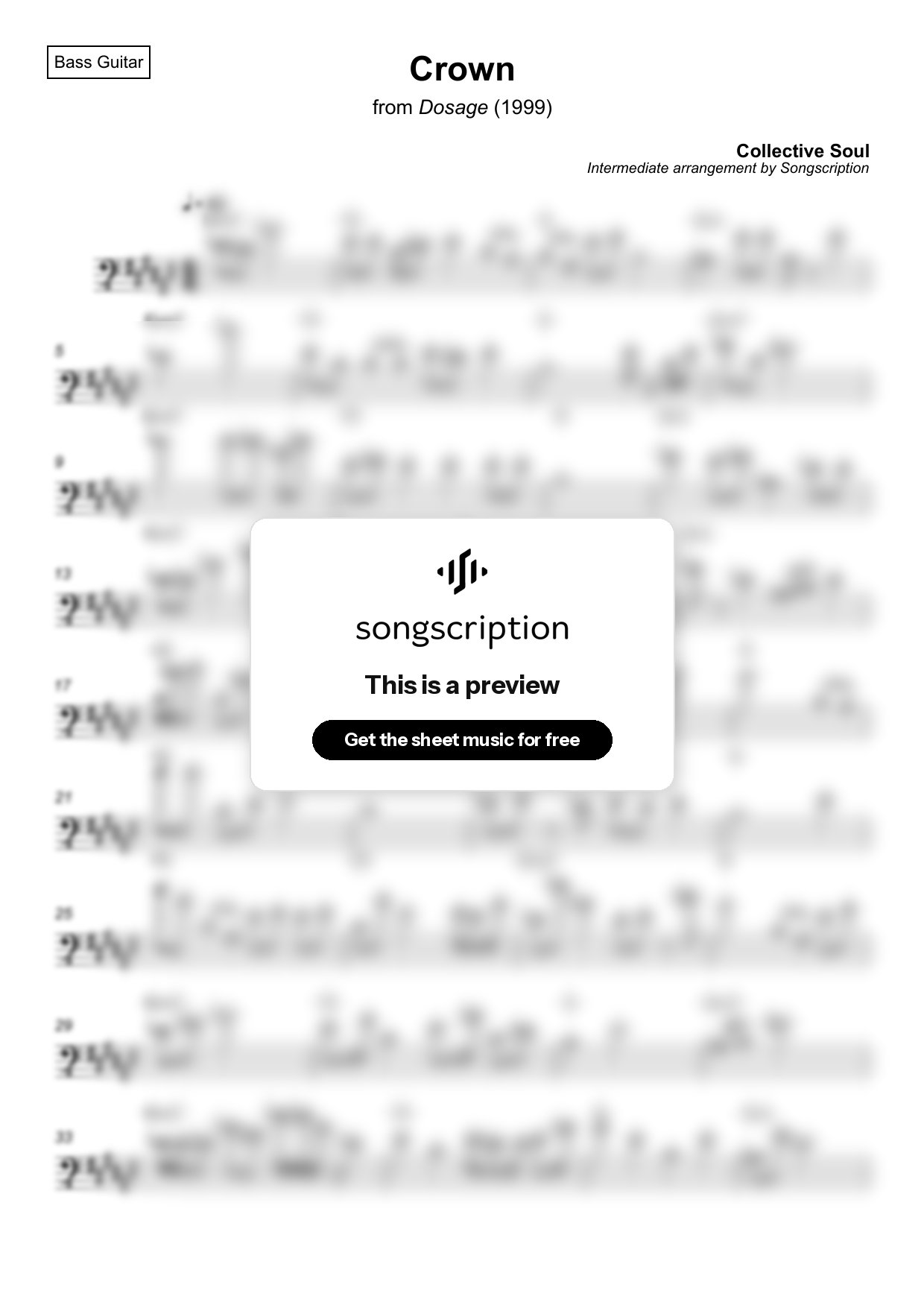 Intermediate Bass Guitar Sheet Music for "Crown" by Collective Soul