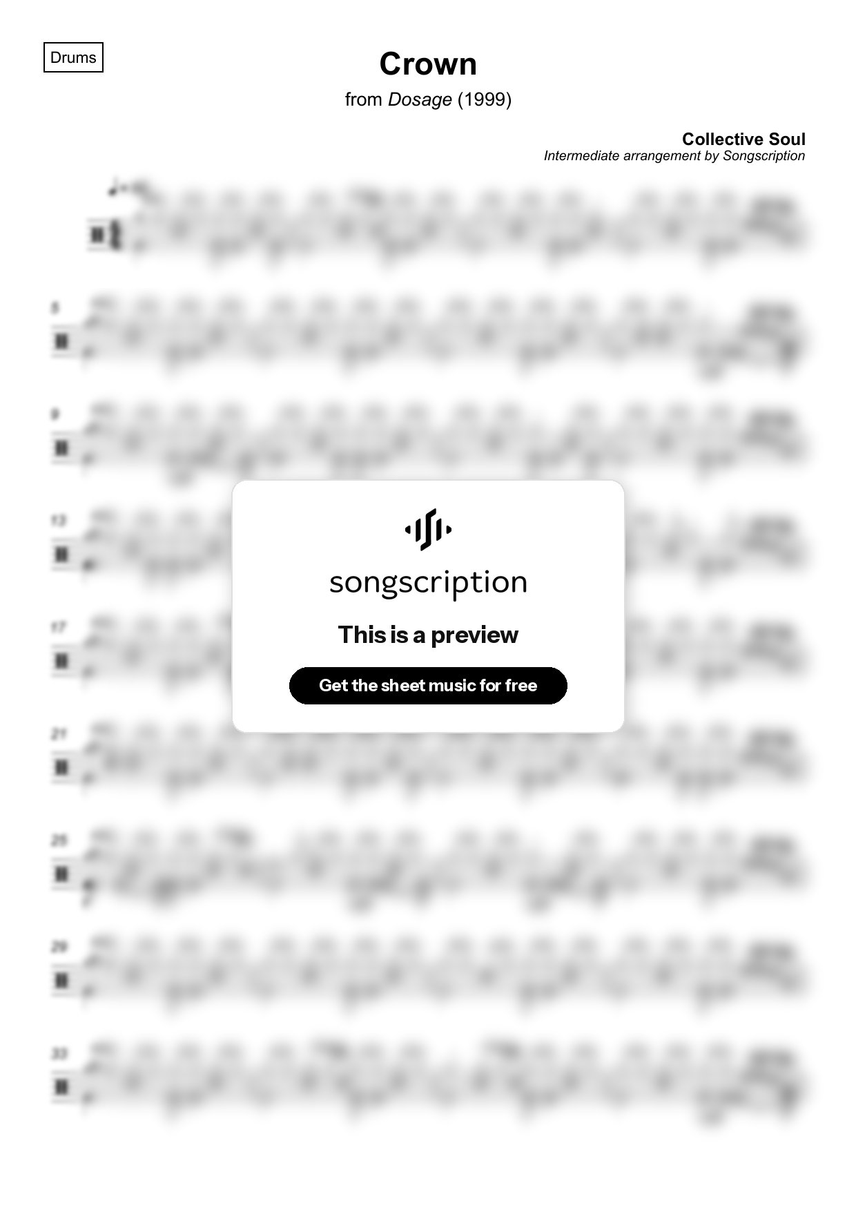 Intermediate Drums Sheet Music for "Crown" by Collective Soul