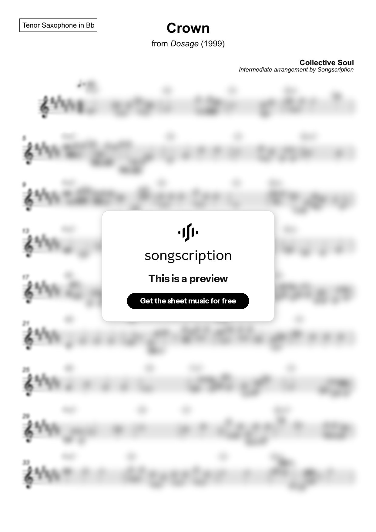 Intermediate Tenor Sax Sheet Music for "Crown" by Collective Soul
