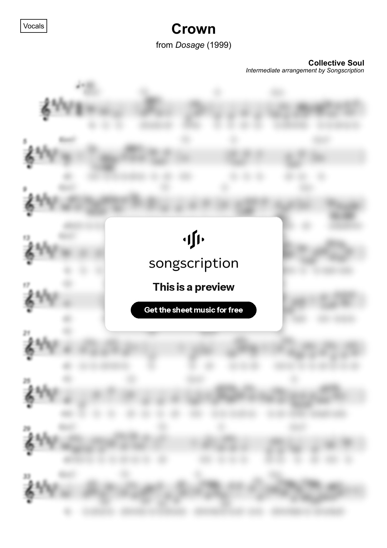 Intermediate Vocals Sheet Music for "Crown" by Collective Soul