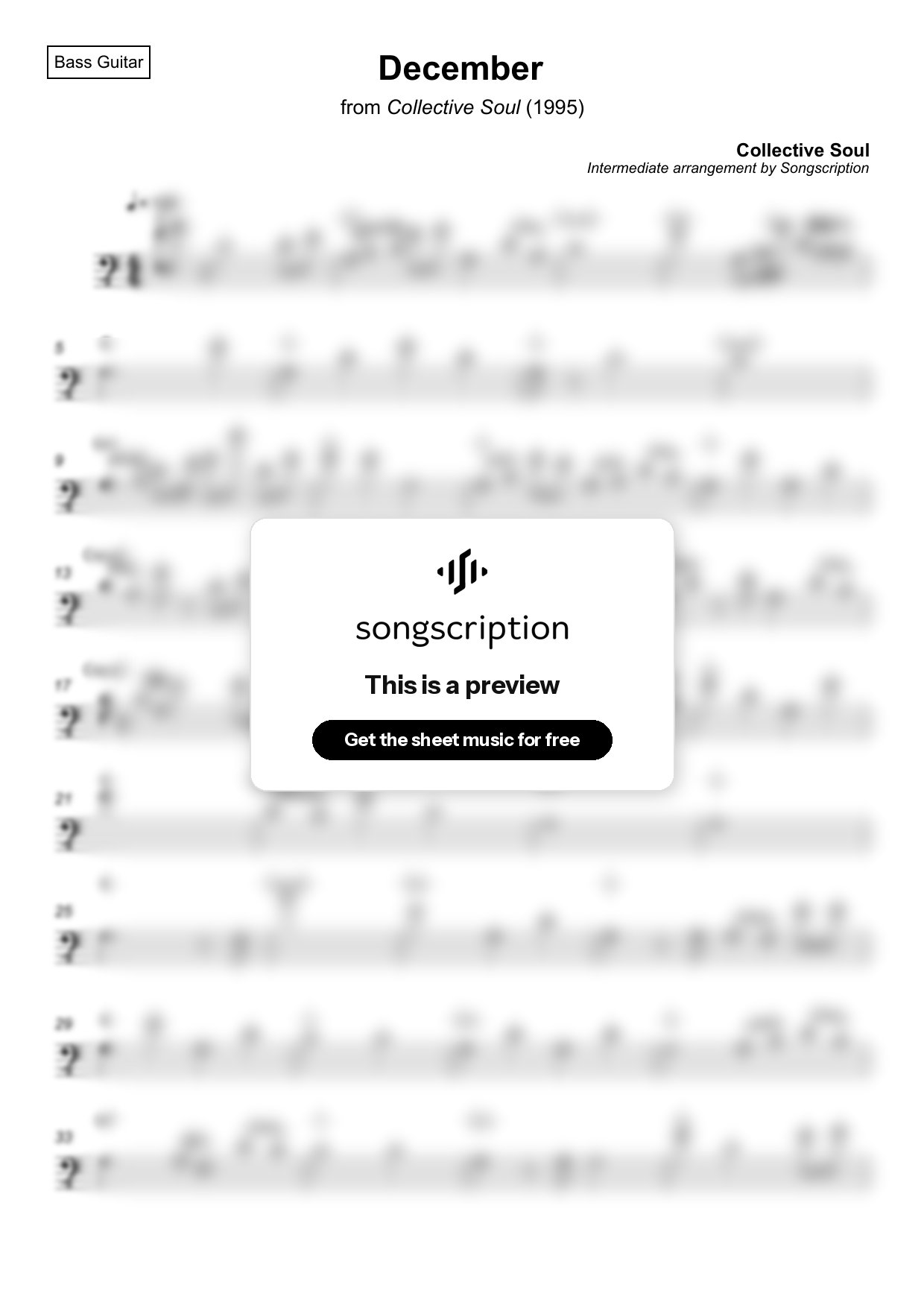 Intermediate Bass Guitar Sheet Music for "December" by Collective Soul