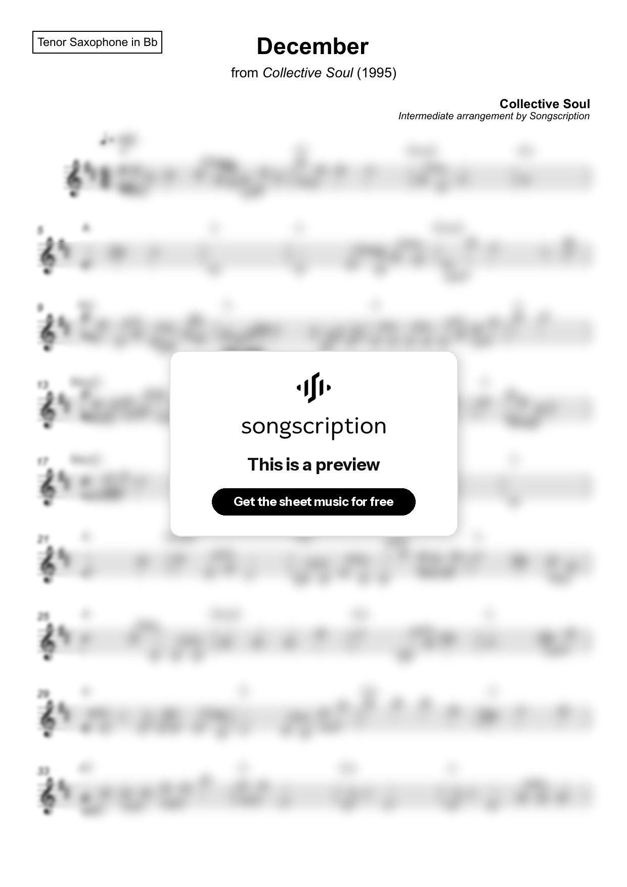Intermediate Tenor Sax Sheet Music for "December" by Collective Soul