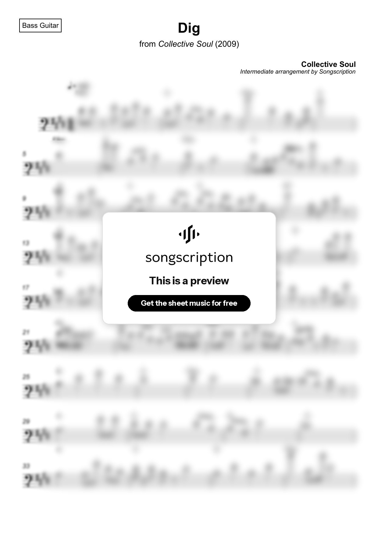 Intermediate Bass Guitar Sheet Music for "Dig" by Collective Soul