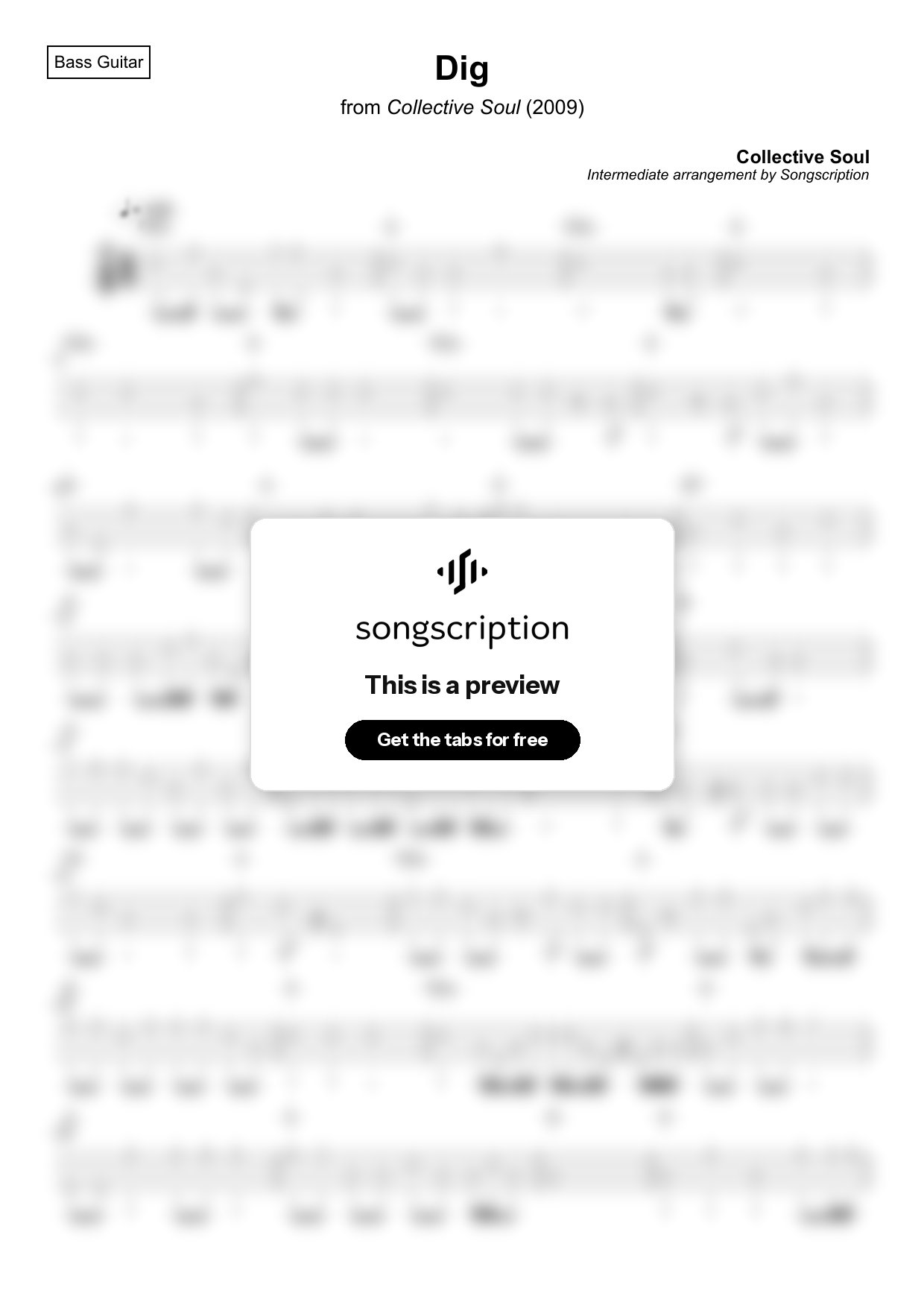 Intermediate Bass Guitar Tabs for "Dig" by Collective Soul