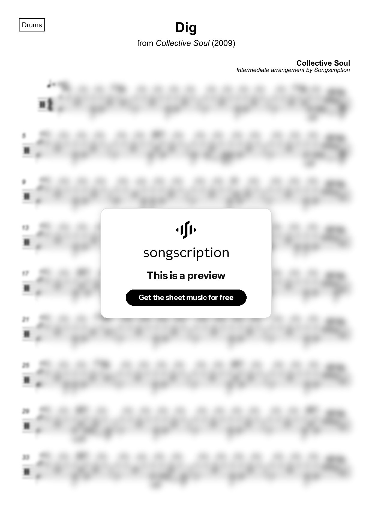 Intermediate Drums Sheet Music for "Dig" by Collective Soul
