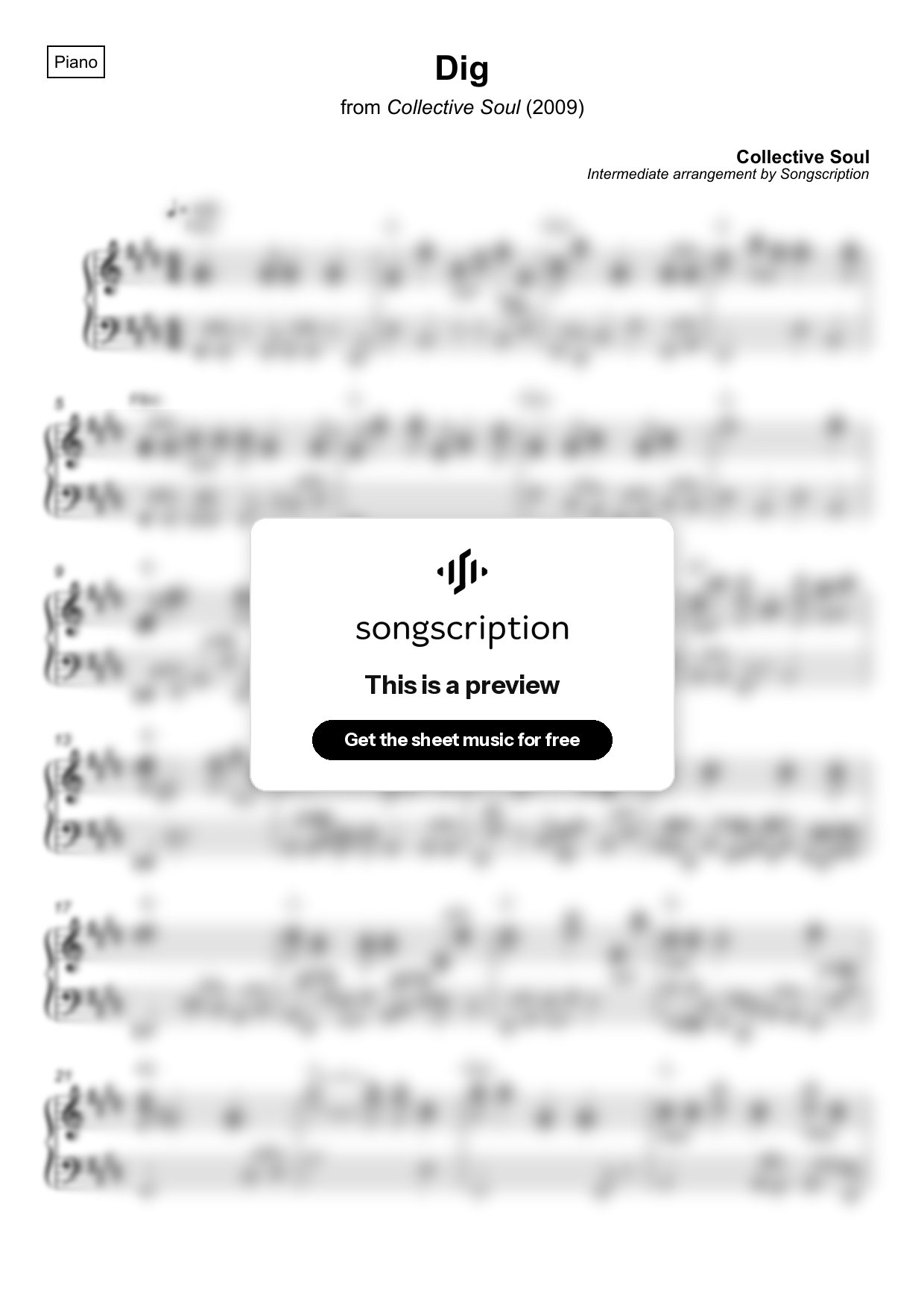 Intermediate Piano Sheet Music for "Dig" by Collective Soul
