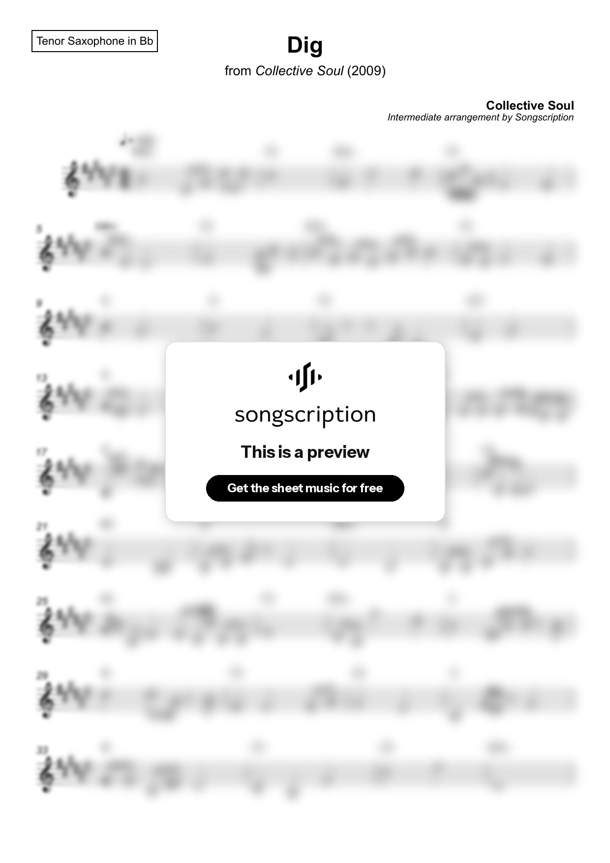 Intermediate Tenor Sax Sheet Music for "Dig" by Collective Soul
