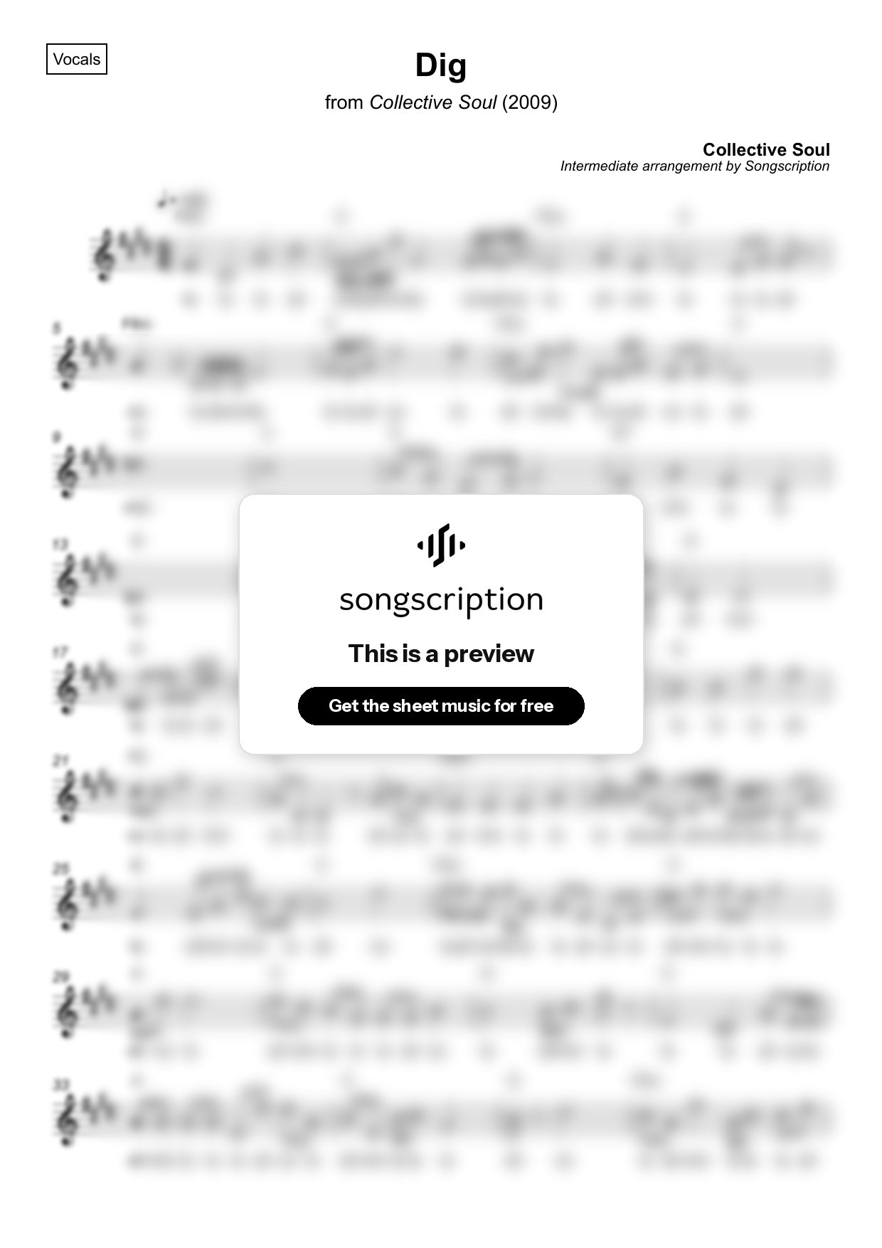 Intermediate Vocals Sheet Music for "Dig" by Collective Soul