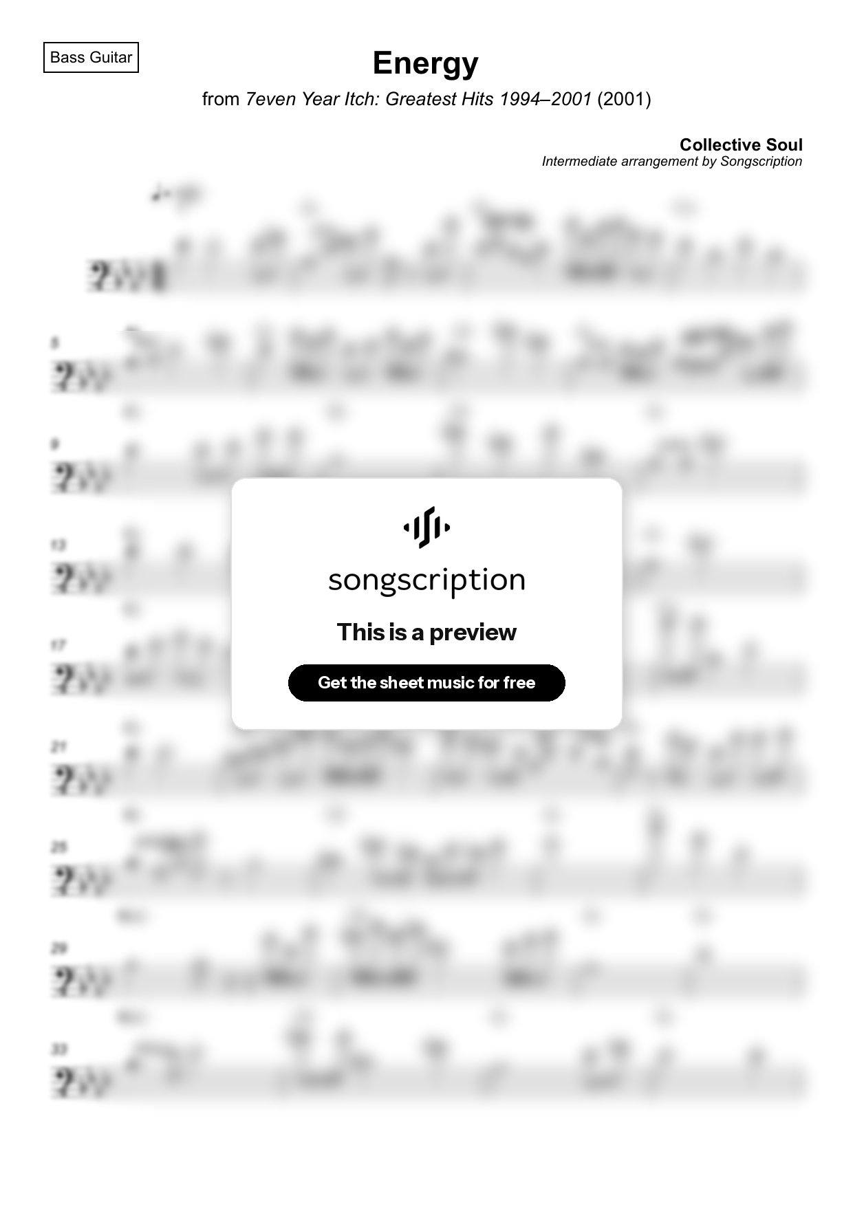 Intermediate Bass Guitar Sheet Music for "Energy" by Collective Soul
