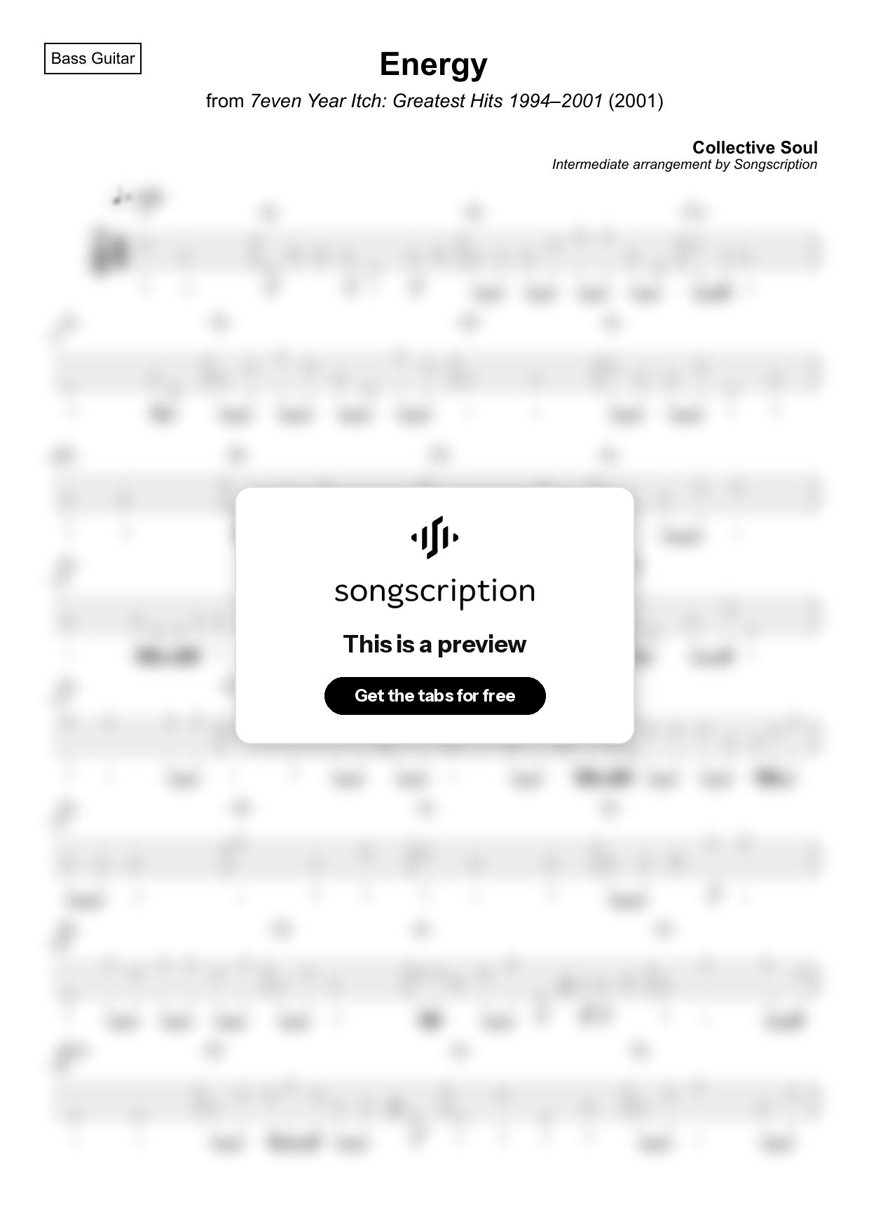 Intermediate Bass Guitar Tabs for "Energy" by Collective Soul
