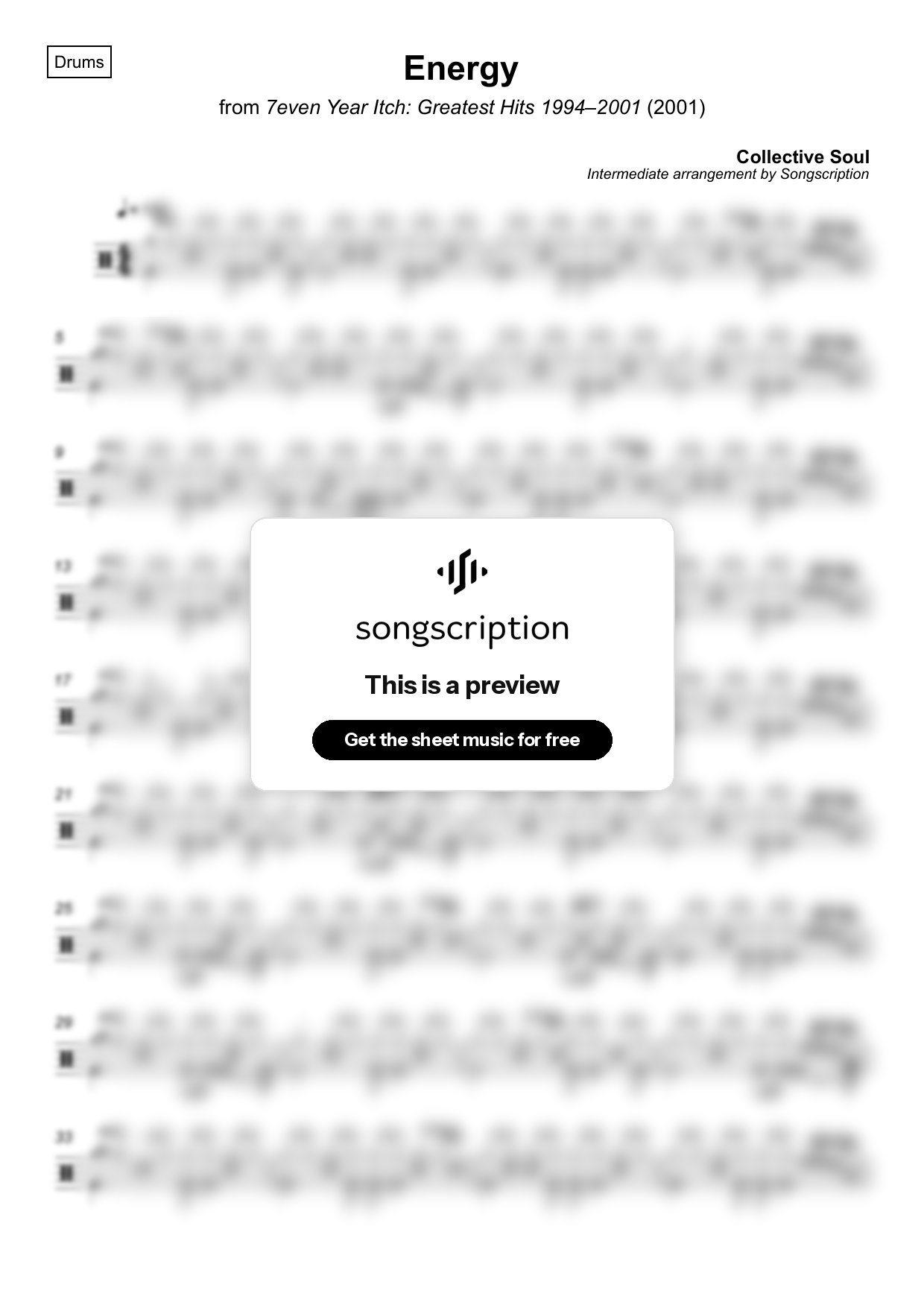 Intermediate Drums Sheet Music for "Energy" by Collective Soul