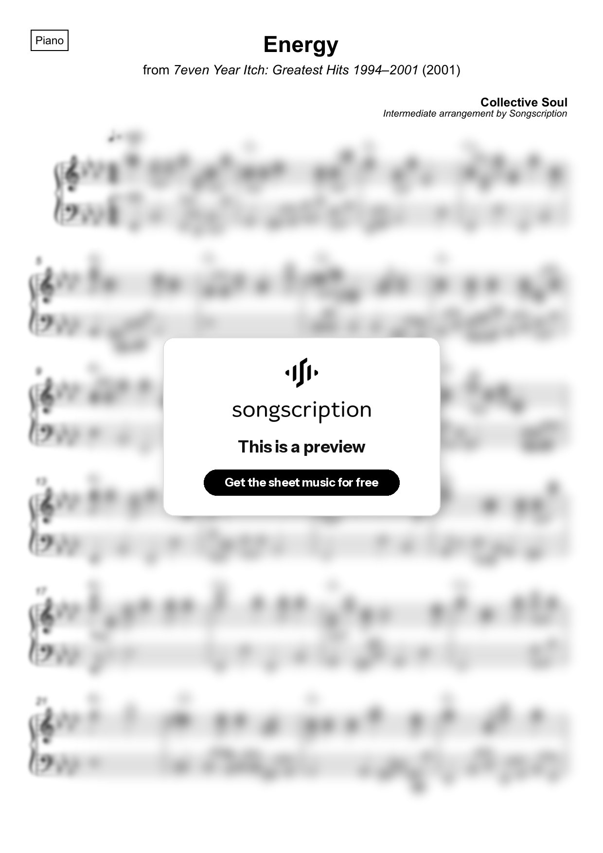 Intermediate Piano Sheet Music for "Energy" by Collective Soul