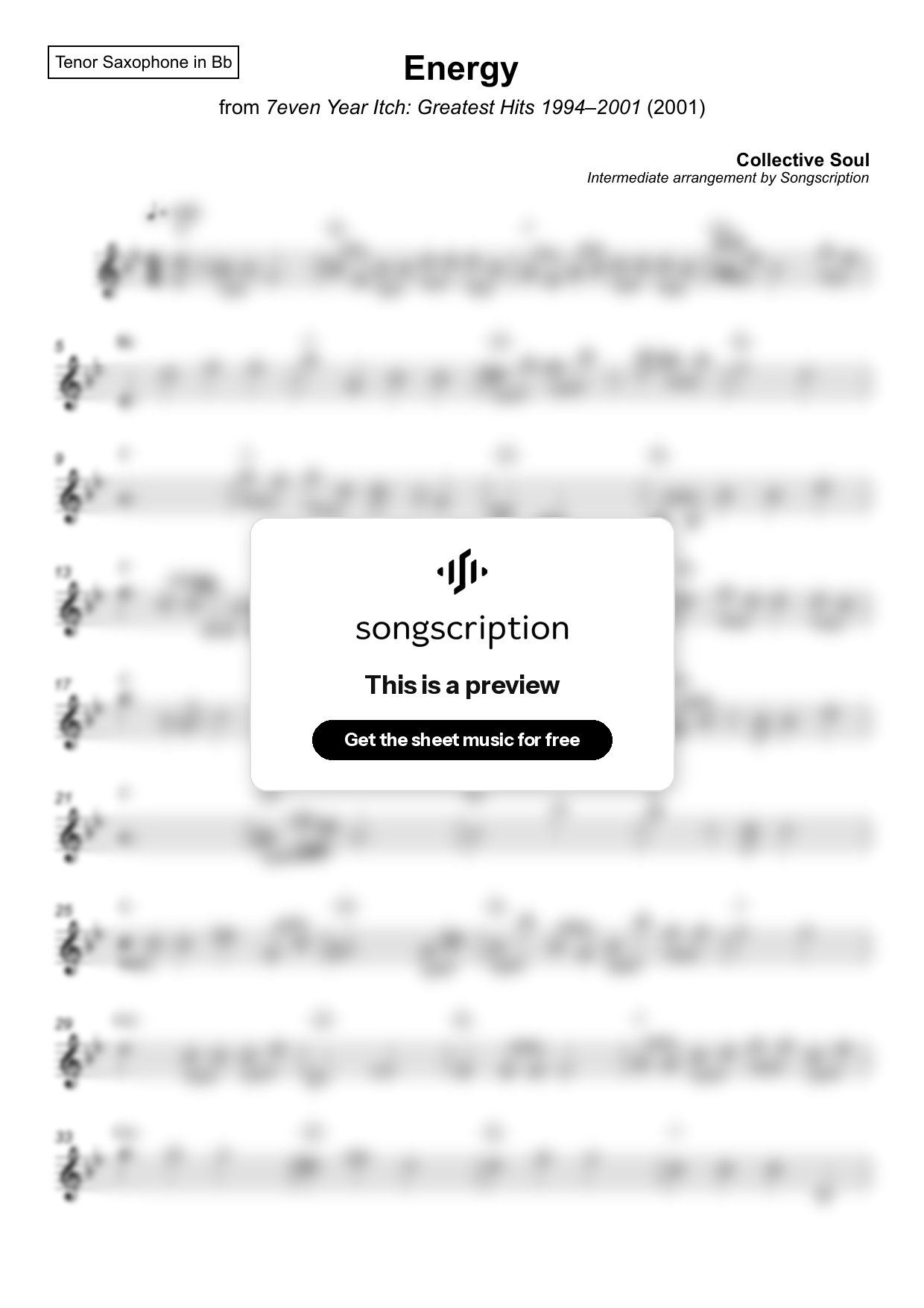 Intermediate Tenor Sax Sheet Music for "Energy" by Collective Soul