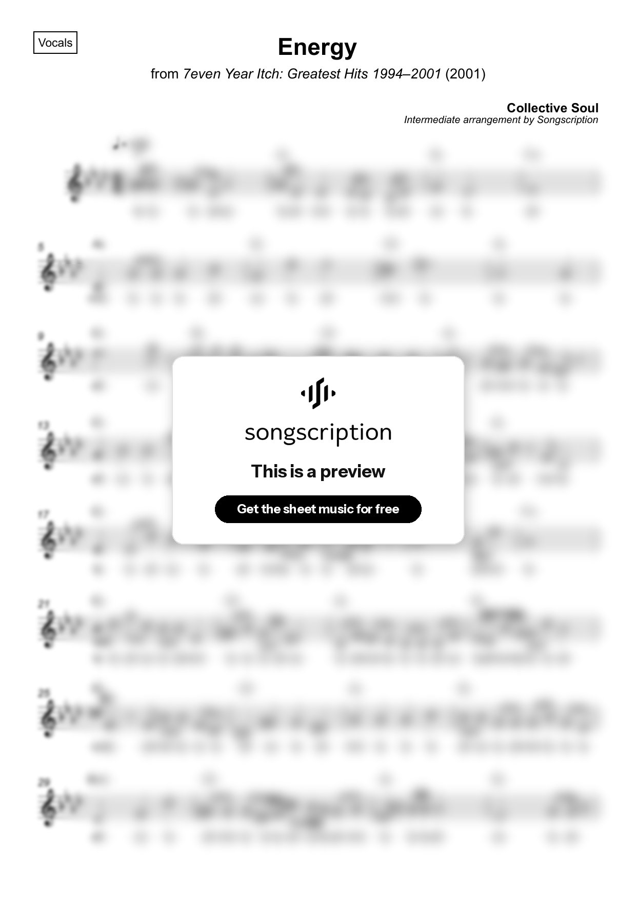 Intermediate Vocals Sheet Music for "Energy" by Collective Soul