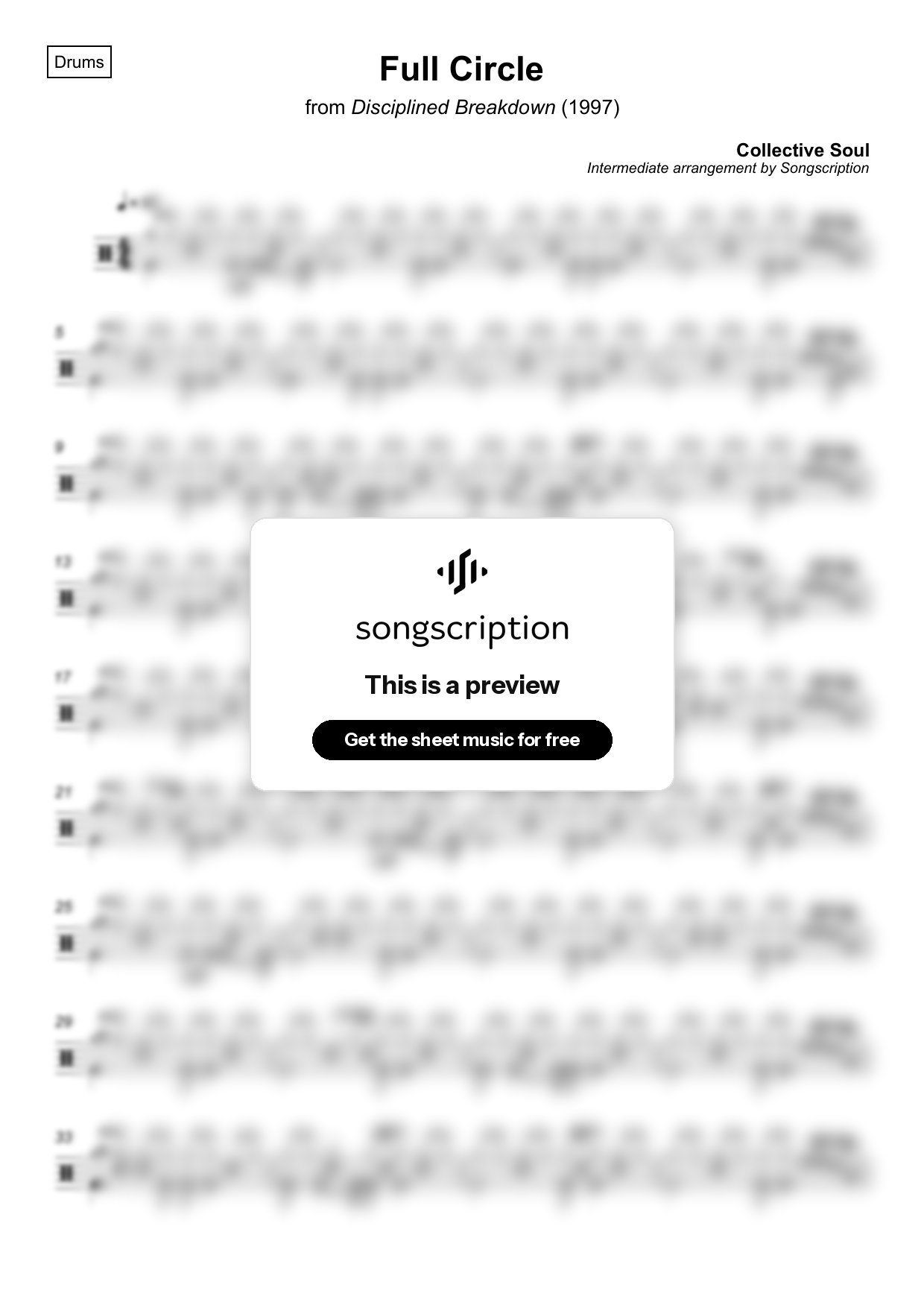 Intermediate Drums Sheet Music for "Full Circle" by Collective Soul
